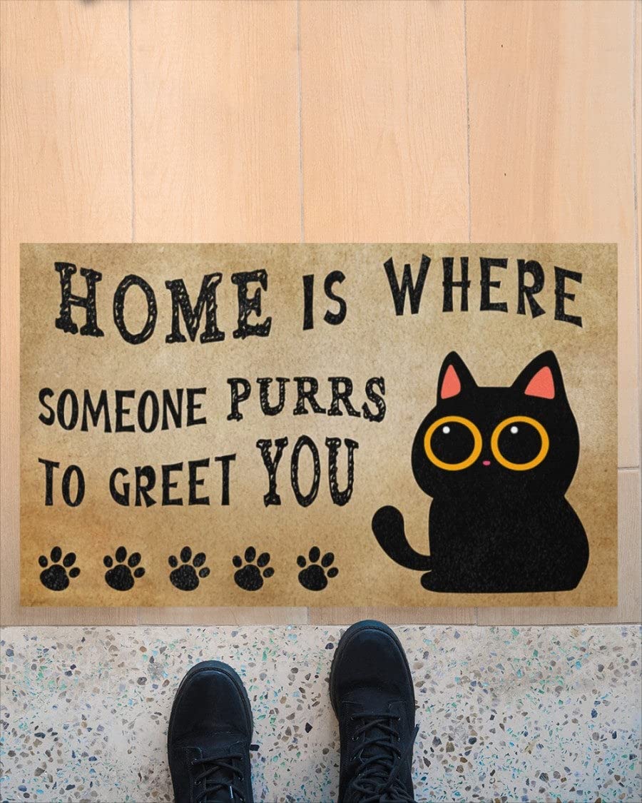 Funny Cat Doormat - Indoor Entrance Mat with 'Home is Where Someone Purrs to Greet You' Design - Best Gift for Cat Lovers & Housewarming - Perfect for Front Door, Apartment, or Office Welcome Decor