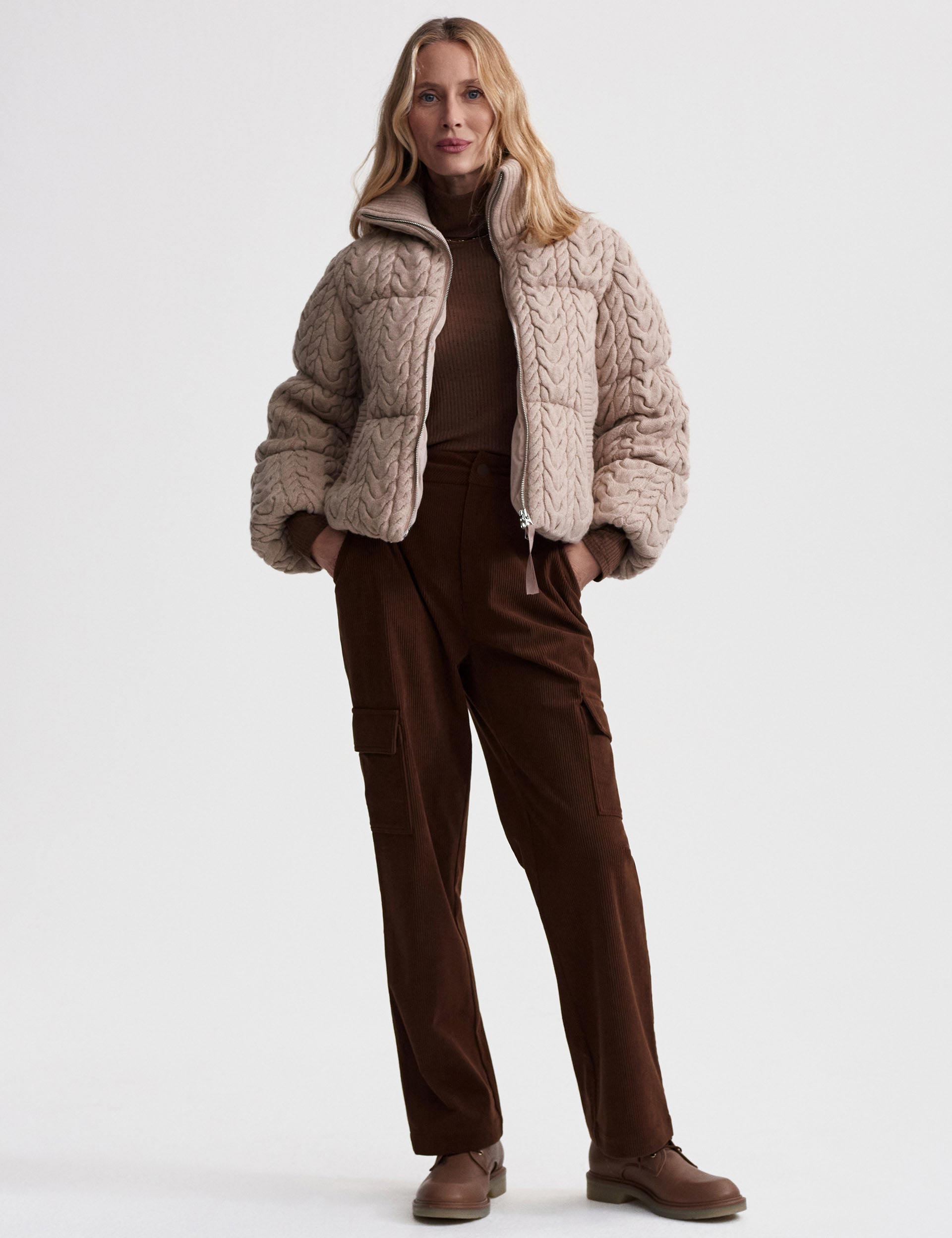 Reggie Cable Knit Puffer Jacket - Light Taupe Winter Coat for Women | Warm & Stylish Outerwear for Cold Weather, Outdoor Activities & Casual Wear