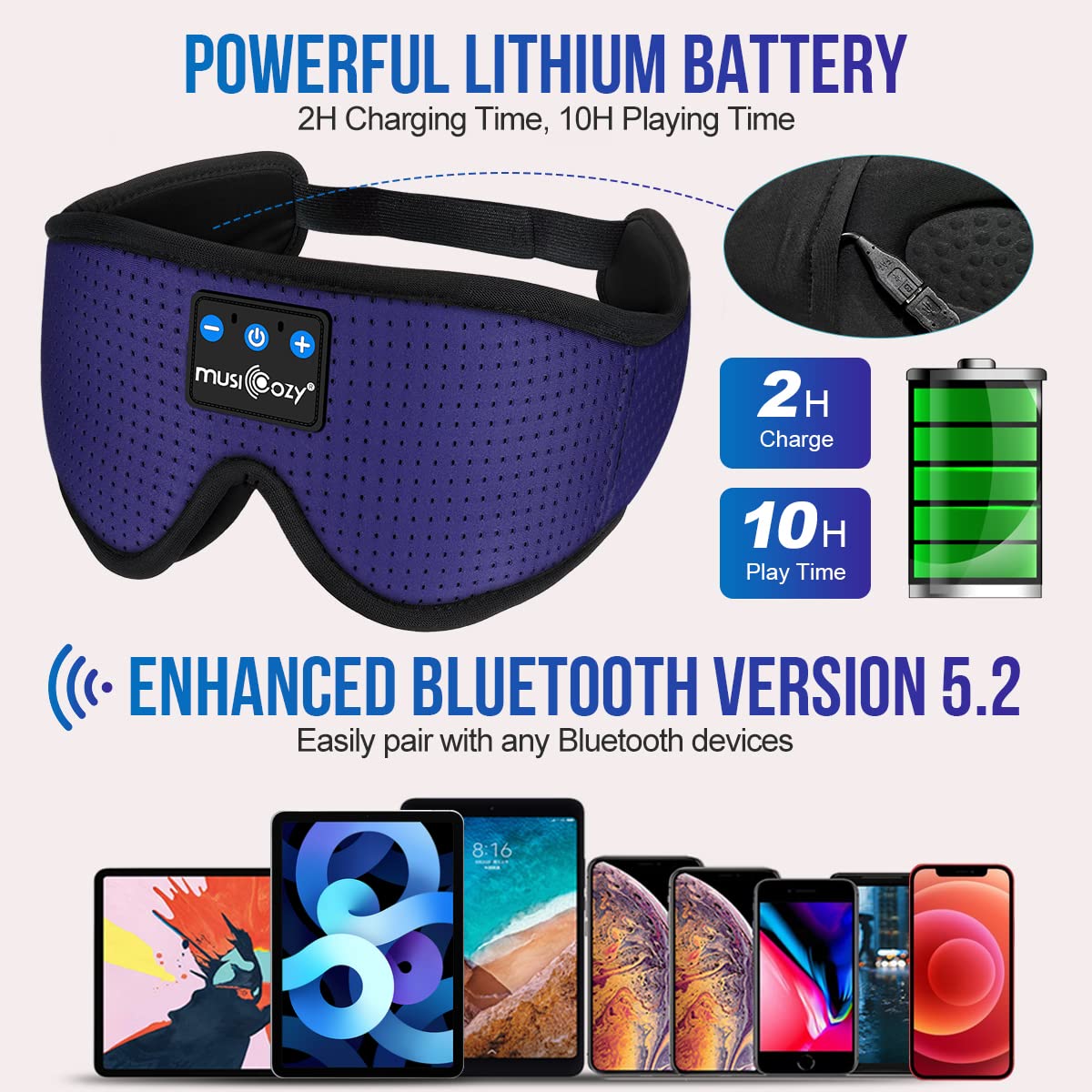 MusiCozy Bluetooth 5.2 Sleep Headphones & Eye Mask for Side Sleepers - Wireless Earbuds with Ultra Thin Speakers, Built-in Mic, Washable Design (2-Pack) - Perfect for Air Travel, Meditation & Nighttime Relaxation