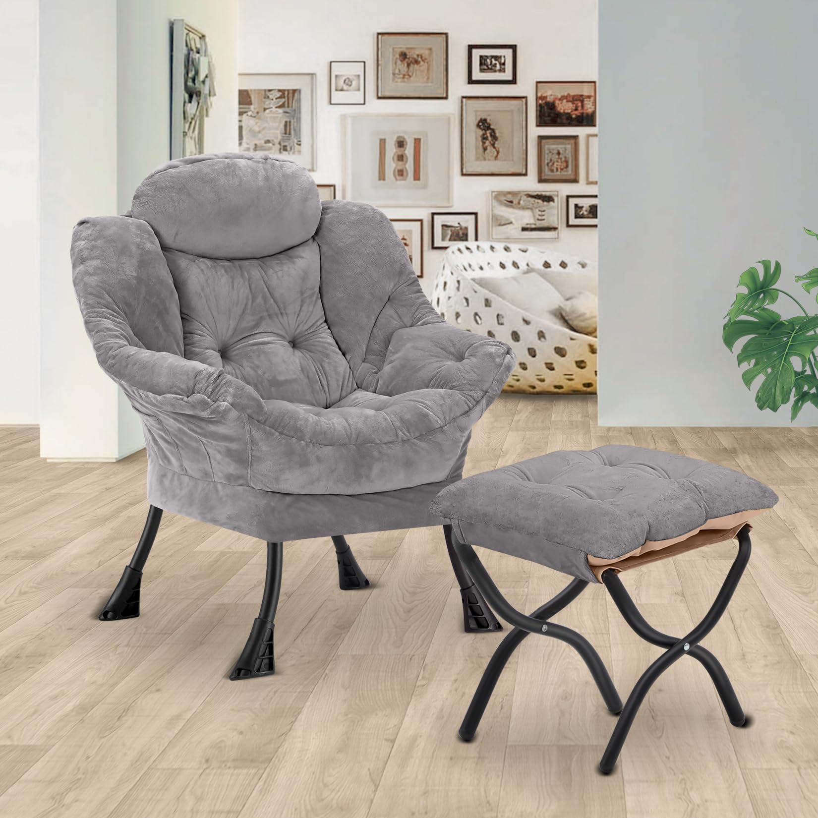 Comfortable Lazy Chair with Folding Ottoman - Soft Fabric Armchair with Armrests & Side Pockets - Reading Chair with Footrest for Living Room, Bedroom, Office (Plush Light Grey) - Perfect for Relaxing, Napping & Watching TV at Home