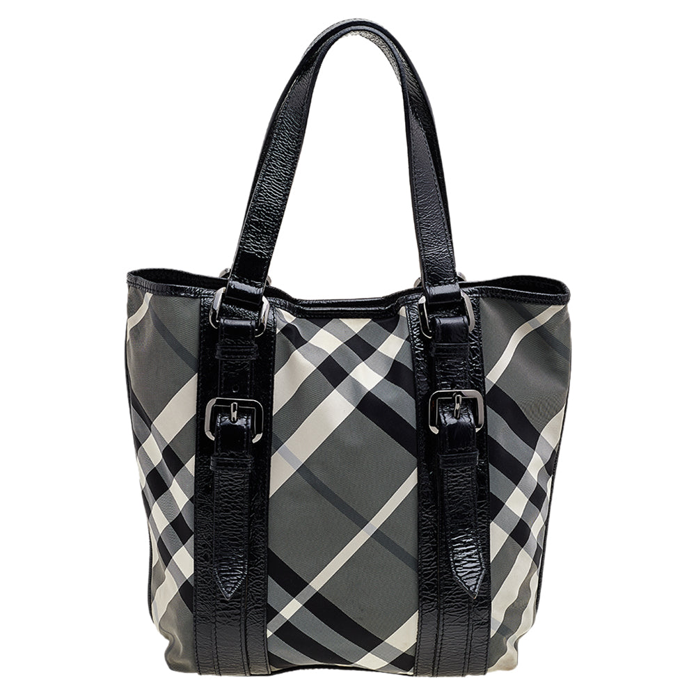 Black & Beige Checkered Nylon and Patent Leather Lowry Tote Bag - Stylish Work Tote for Women, Perfect for Office, Travel & Everyday Use