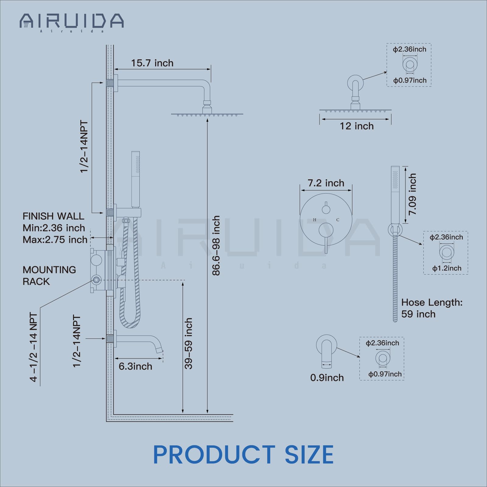Airuida 12-Inch Matte Black Round Shower System Set - 3-Function Wall Mount Rain Shower Faucet with 2-Function Handheld & Tub Spout - Perfect for Modern Bathroom Renovations and Spa-Like Shower Experience