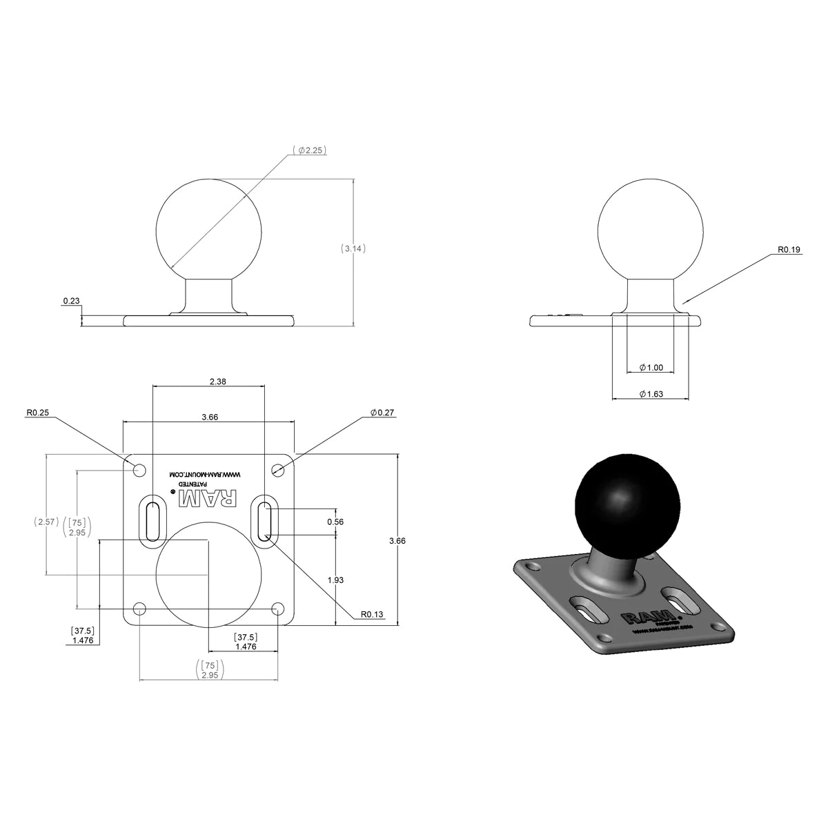 RAM D 2461U 75mm x 75mm VESA Mount Plate with D Size Ball - Universal Monitor/TV Mounting Bracket for Home, Office & Studio Displays
