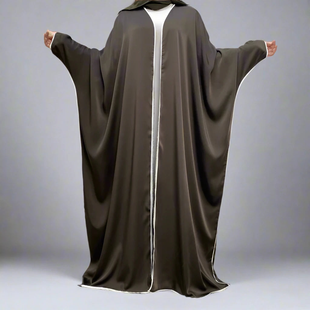 Elegant Batwing Sleeve Satin Cardigan Open Farasha Abaya Dress for Muslim Women - Perfect for Prayer, Weddings & Special Occasions