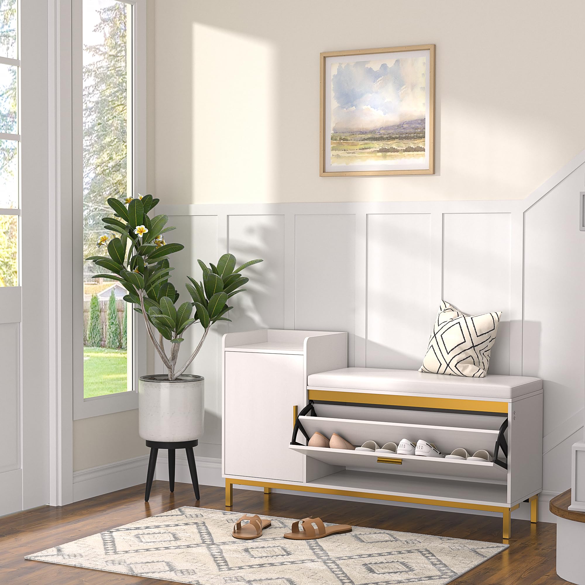 VECELO 2-Tier Shoe Storage Bench with Flip Drawers - Slim White Entryway Organizer with Removable Seat Cushion for Bedroom, Hallway & Living Room - Perfect for Small Spaces & Home Organization