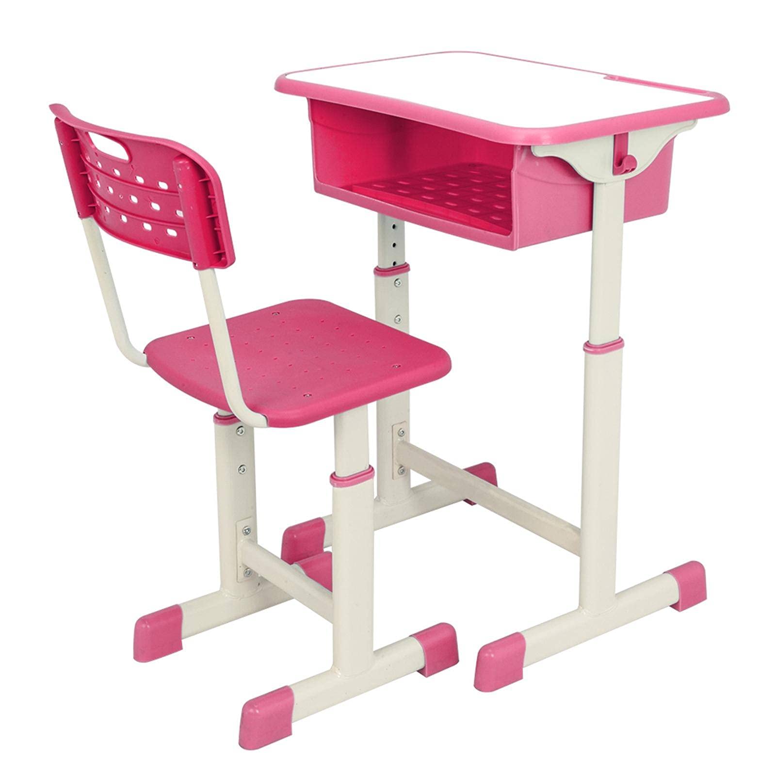KBREE Adjustable Height Kids Desk and Chair Set - Ergonomic Study Table for Children, Pink - Perfect for Homework, Online Learning & Small Spaces