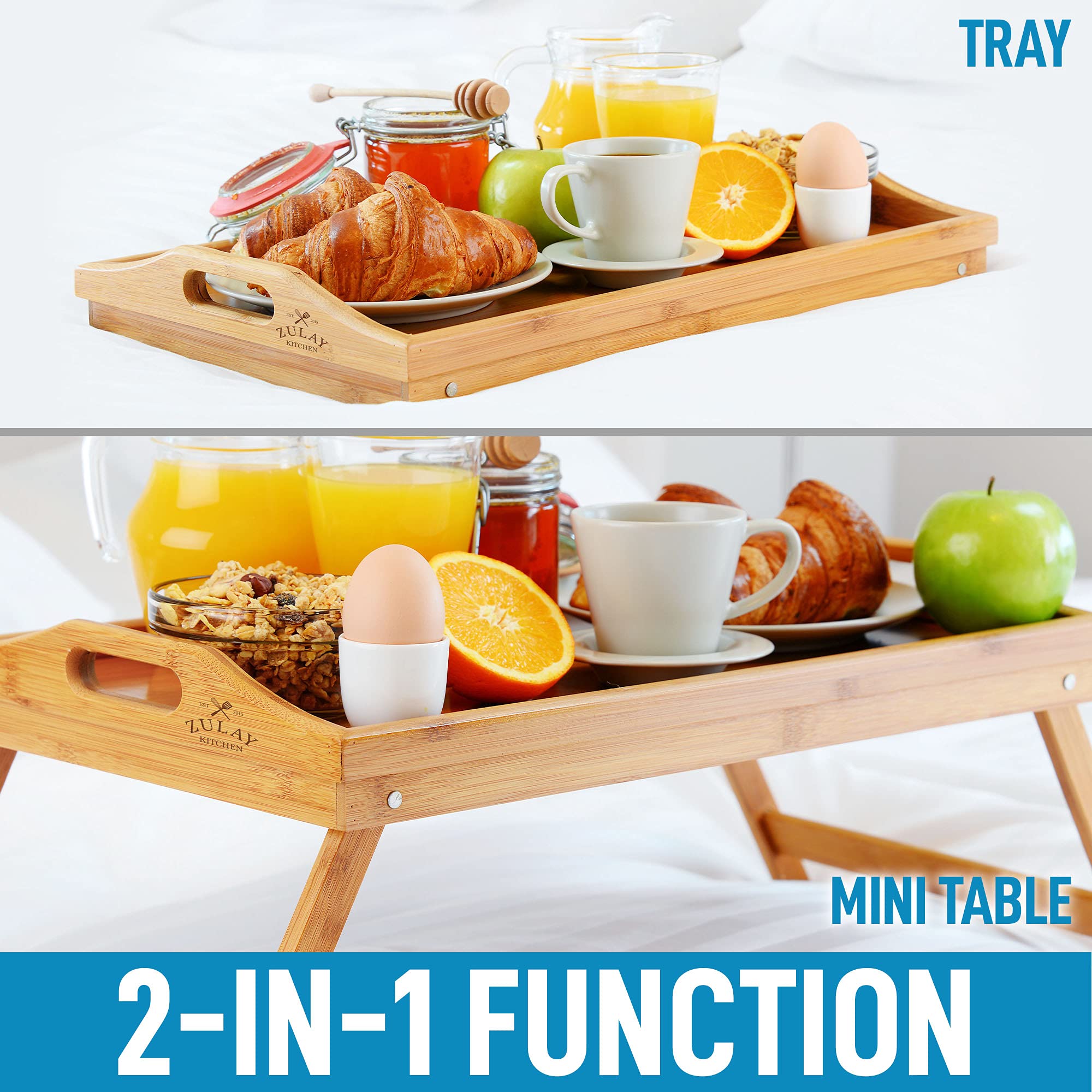 Zulay Premium Bamboo Breakfast Tray with Folding Legs - Adjustable Bed Table for Eating, Working & Relaxing - Multi-Functional Serving Tray for Breakfast in Bed, Laptop Desk, Snack Tray & Home Office Use