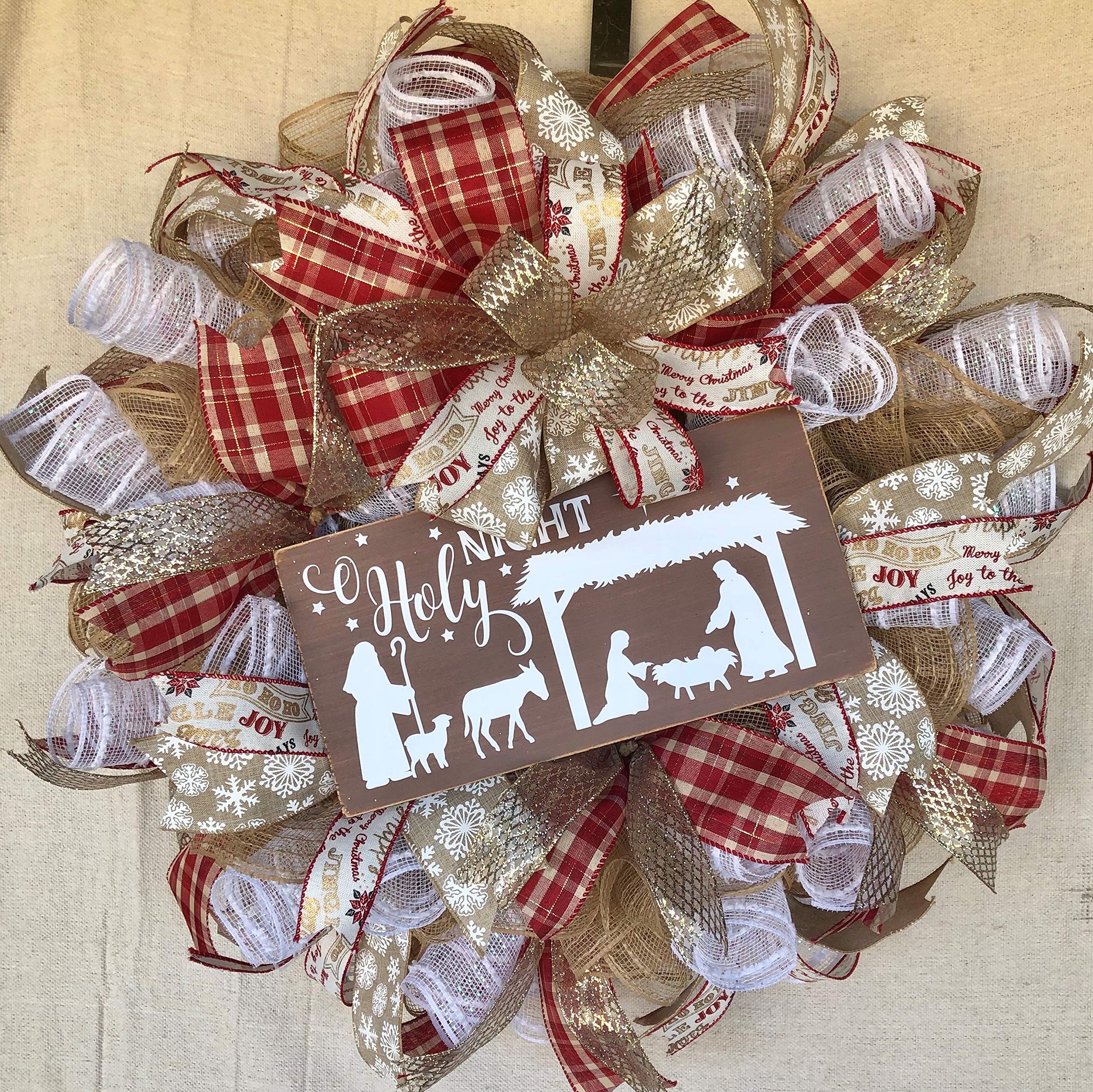 Vintage Nativity Christmas Wreath with Burlap Bow - Handmade Farmhouse Holiday Door Hanger for Christmas Decorations | Perfect for Front Door, Mantel, and Holiday Home Decor