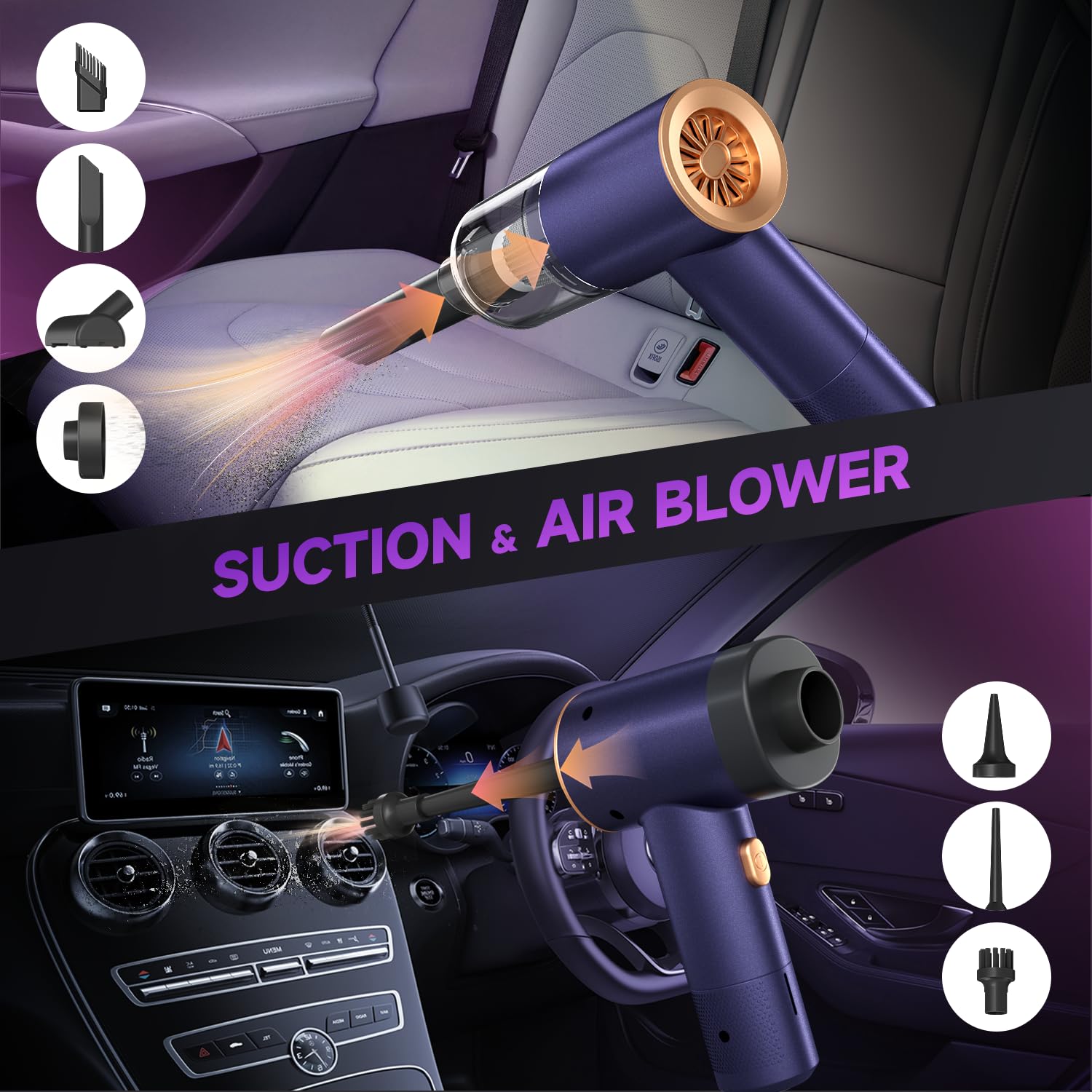 16000PA Cordless Handheld Vacuum Cleaner - 4-in-1 Portable Rechargeable Vacuum with Air Duster, Blower & Pump - Lightweight Mini Vac for Car, Home, Office & Pet Hair Cleaning - Perfect for Car Detailing, House Cleaning & Pet Grooming (Purple)