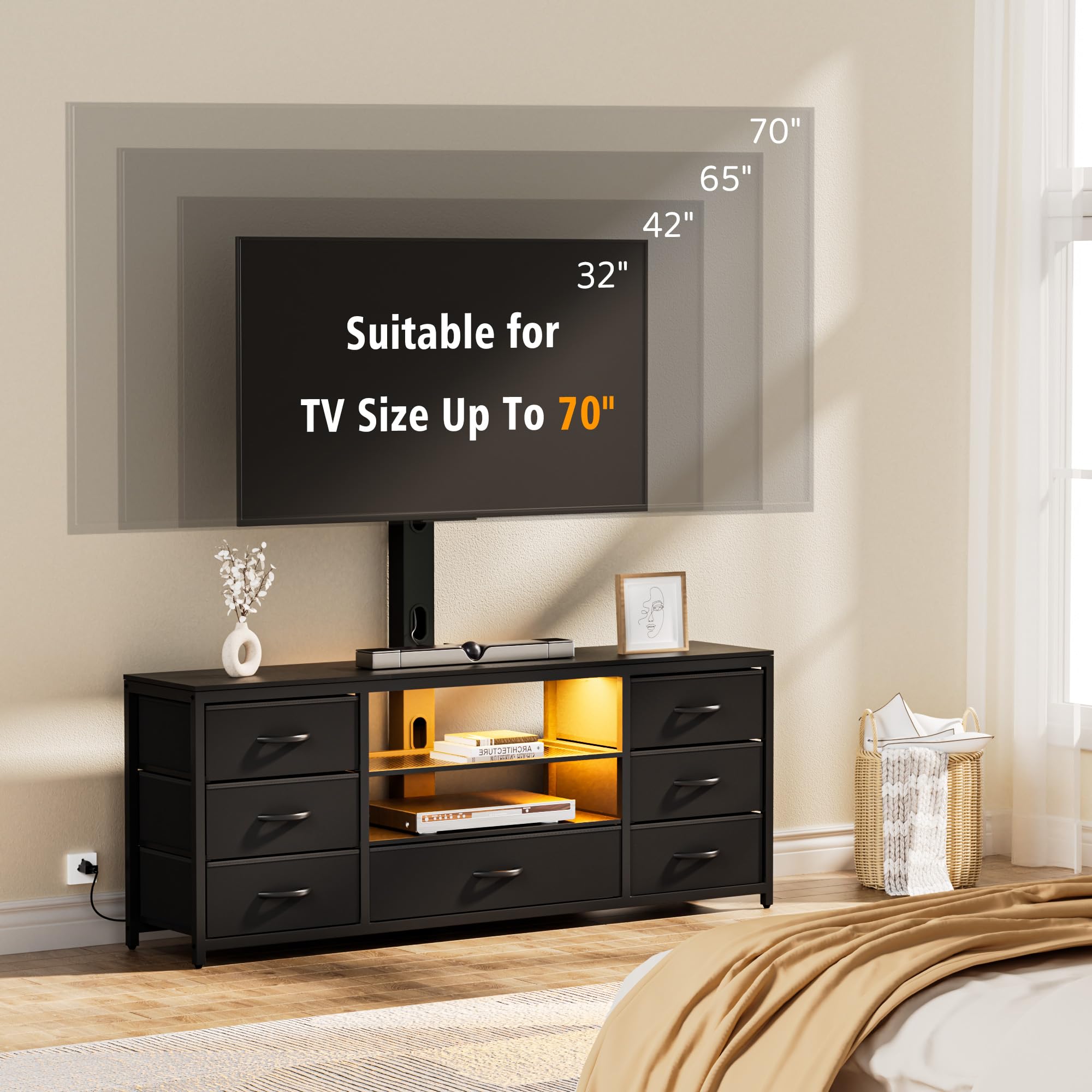 TV Stand with Mount & 7 Fabric Drawers - LED Entertainment Center with Power Outlets for 32-70 Inch TVs - Black Media Console with Open Shelves - Perfect for Living Room & Bedroom - Ideal for Gaming, Movie Nights & Home Entertainment