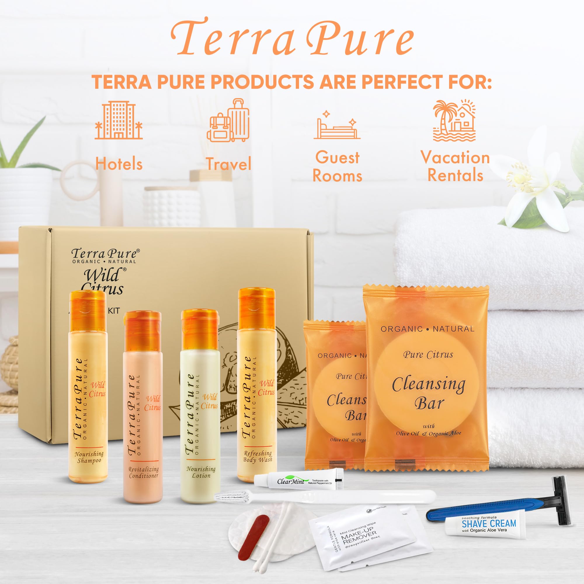 Terra Pure Travel Amenity Kit - 1 oz Shampoo, Conditioner, Body Wash, Lotion, 2 Soap Bars, Shaving & Dental Set, Makeup Remover Wipes | 15-Piece Hospitality Set for Hotels, Spas, Airlines & Guest Amenities