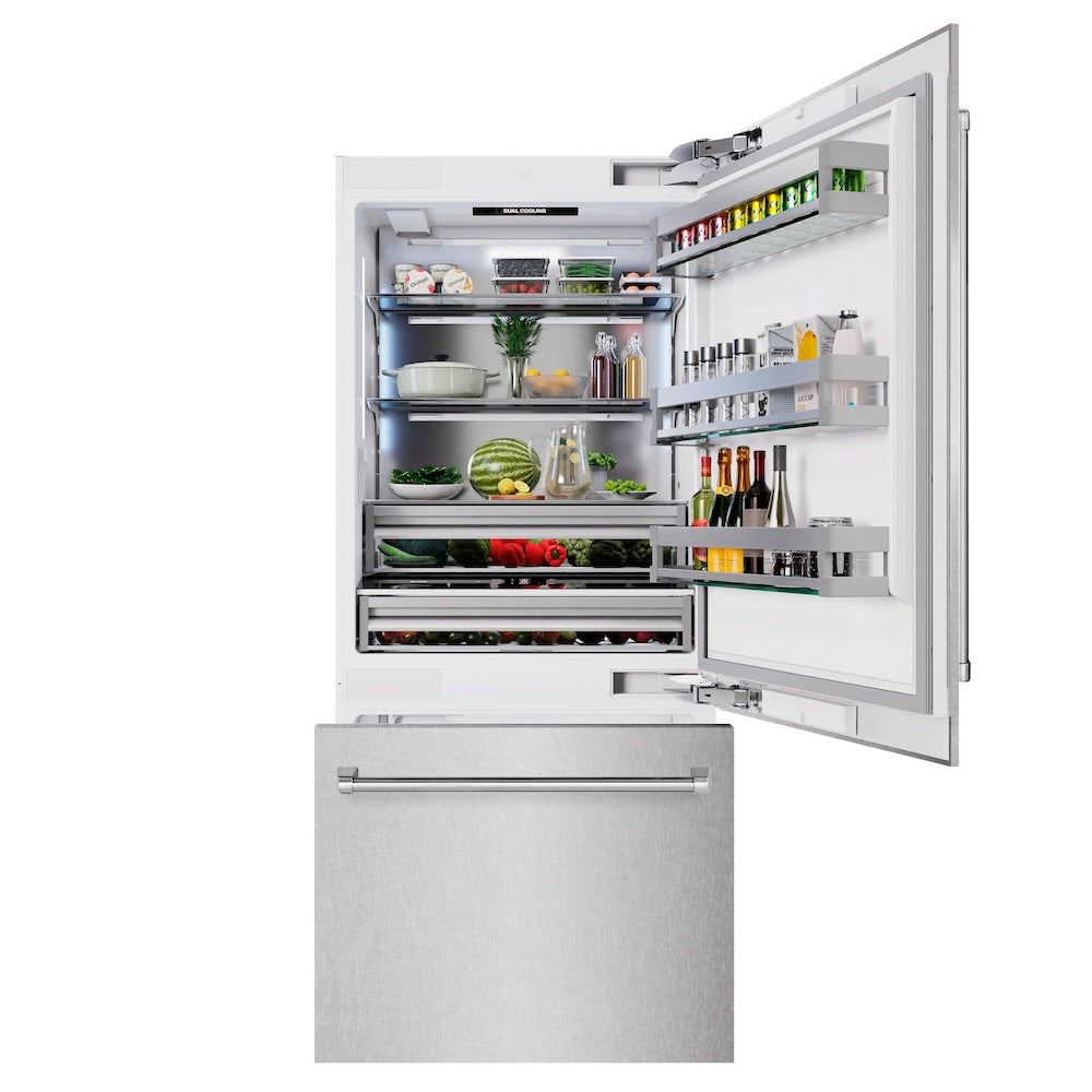 ZLINE 36 Inch Built-In Bottom Freezer Refrigerator - 19.8 cu ft Capacity, Water Dispenser & Ice Maker - Satin Stainless Steel (RBIT SN 36) - Perfect for Modern Kitchens & Open Concept Homes