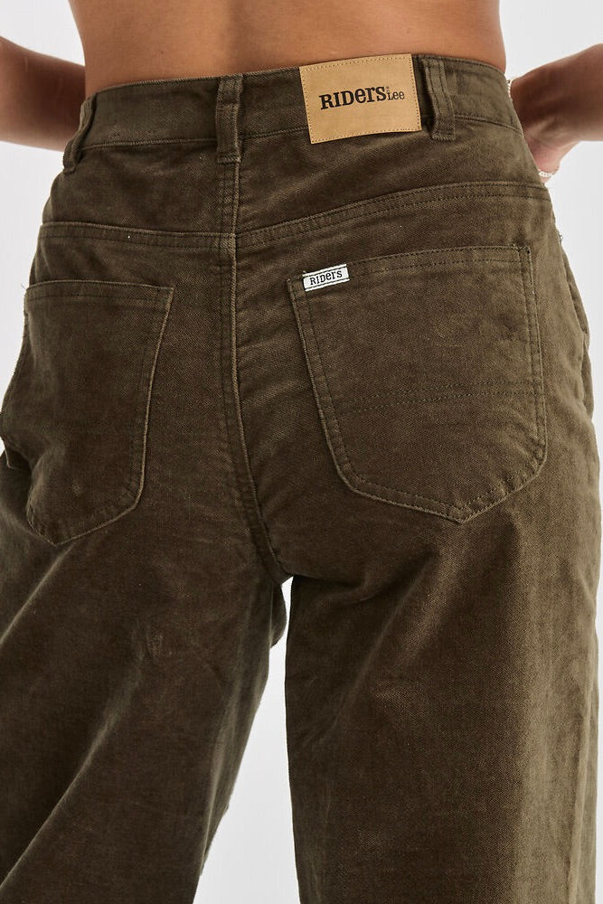 Hi Wide Deep Olive Cord Pants for Women - Comfortable Stretch Corduroy Trousers for Casual Wear & Fall Fashion