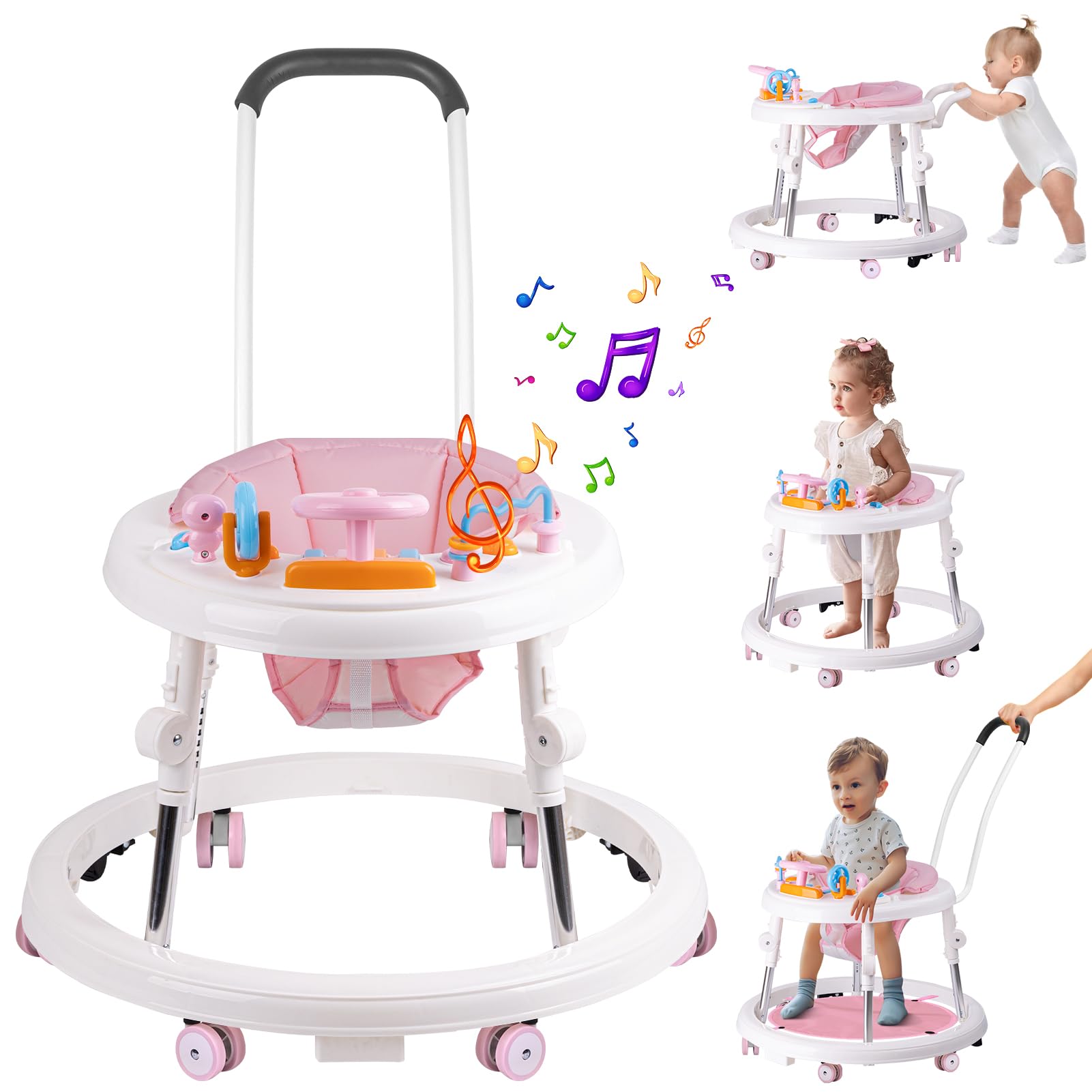 9-Speed Adjustable Foldable Baby Walker with Activity Center, Feeding Tray & Music | Push Handle, Footrest & Silent Wheels for Safety | Anti-Rollover Design for Boys & Girls (6-18 Months) | Perfect for Learning to Walk, Playtime & Indoor Activities