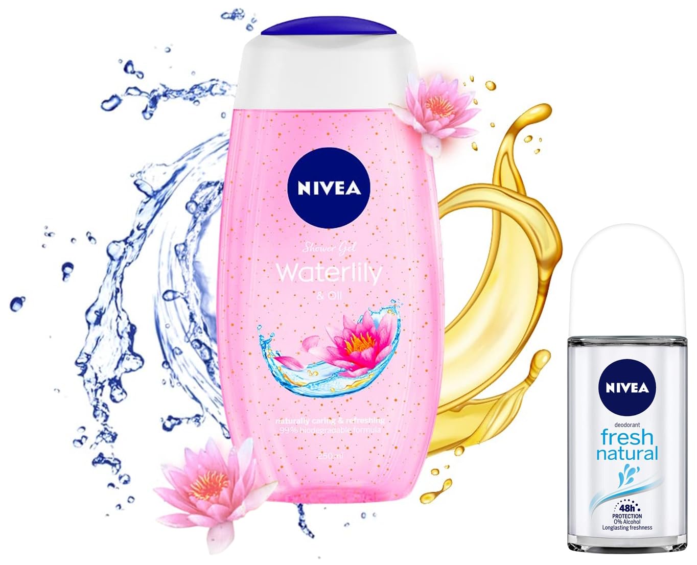 NIVEA Shower Gel & Deodorant Set - Water Lily & Oil Body Wash for Women (250ml) + Fresh Natural Roll-On Deodorant (50ml) | Hydrating & Refreshing Daily Skincare Routine for Soft Skin & Long-Lasting Protection