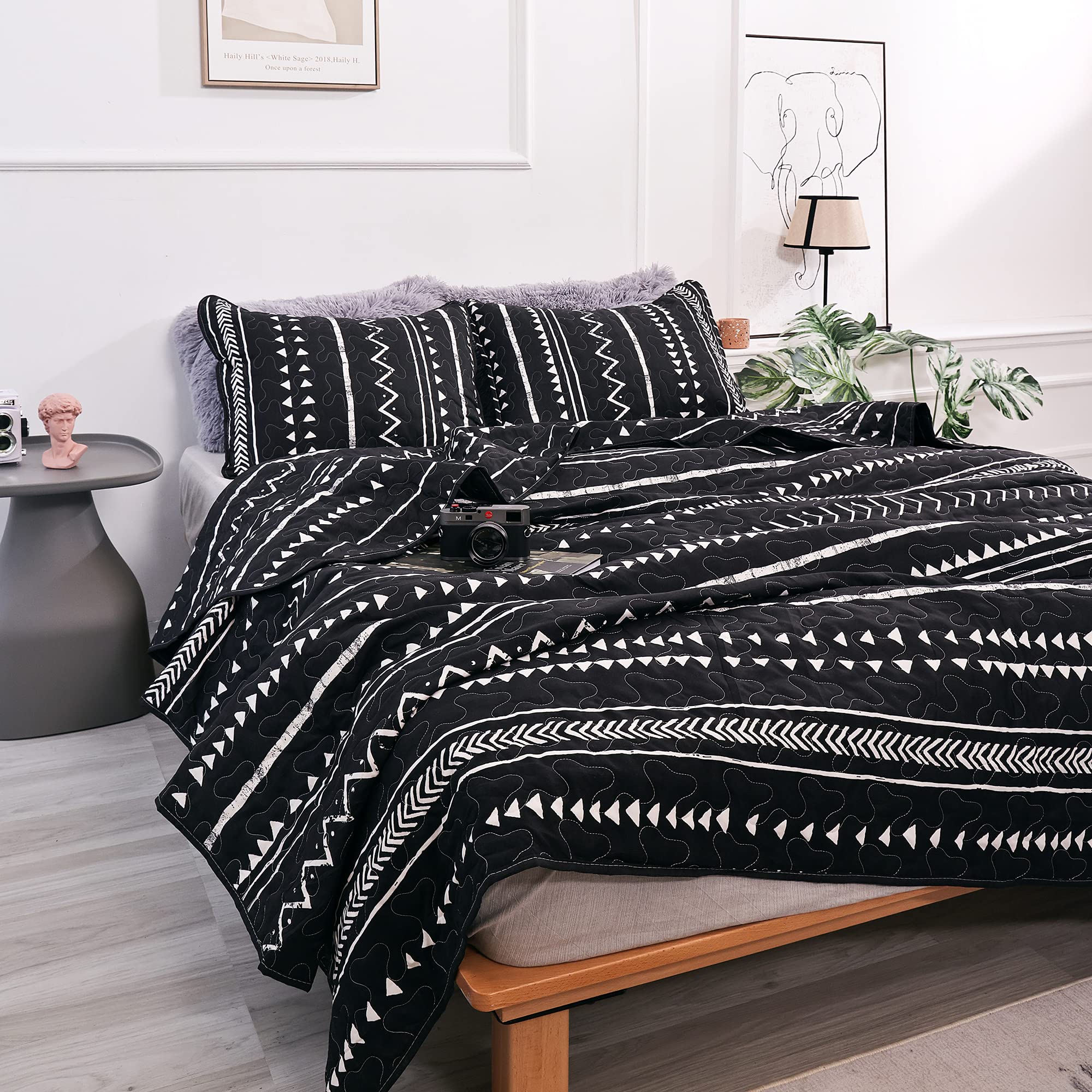 JANZAA Queen Size Boho Quilt Bedspread - Black & White Geometric Pattern All-Season Comforter with 2 Pillowcases | Bohemian Bedding for Master Bedroom, Guest Room & Dorm Decor
