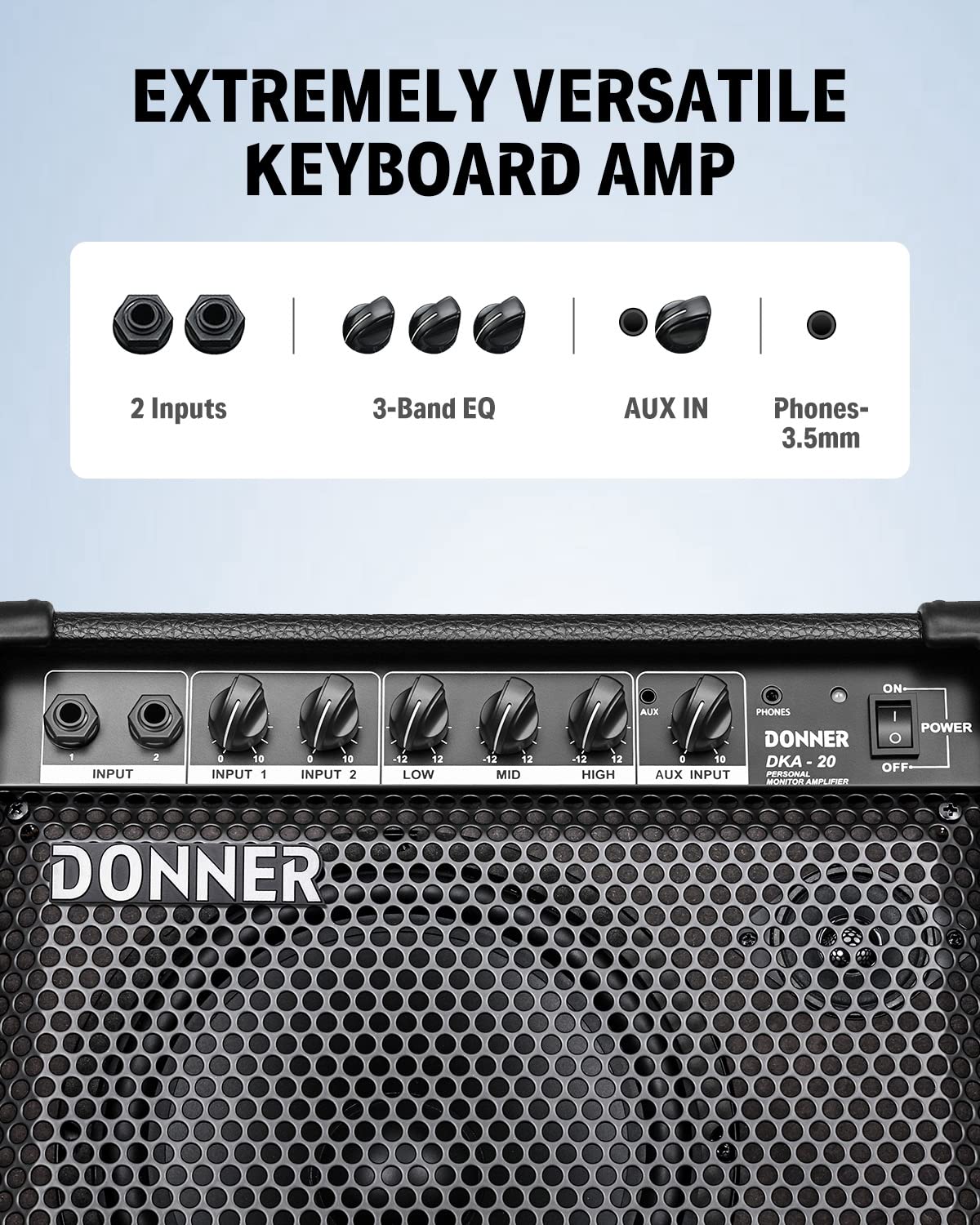 Donner DKA-20 20W Keyboard Amplifier with Aux Input, 2 Channels - Portable Bass Guitar & Piano Amp with Mic Input | Perfect for Home Practice, Live Performances & Electronic Drum Monitoring