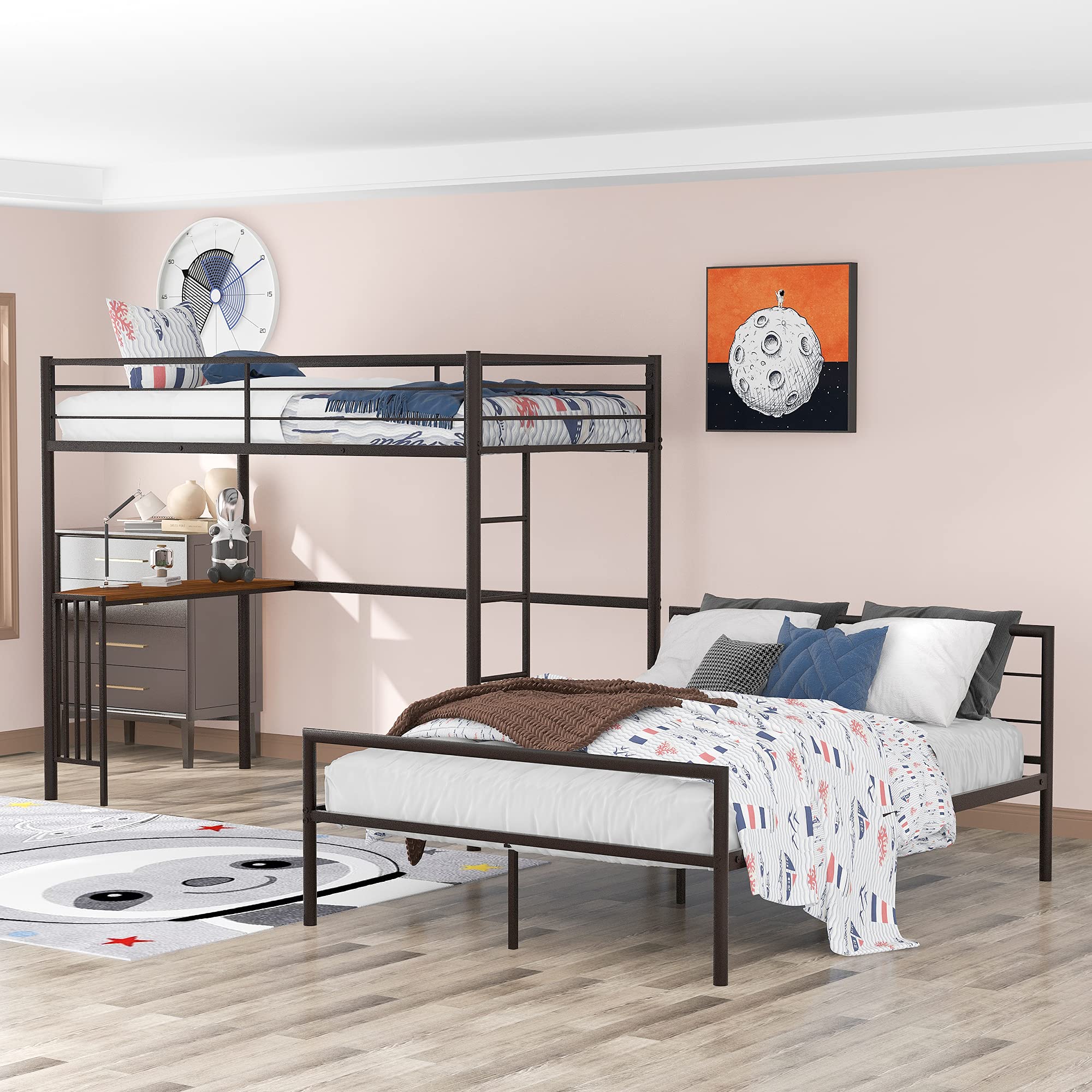 Harper & Bright Designs Twin Over Full Metal Bunk Bed with Built-in Desk, Full Length Guardrail & Ladder - Space Saving Loft Bed with Platform - Black - Perfect for Kids Rooms, Guest Rooms & Small Apartments