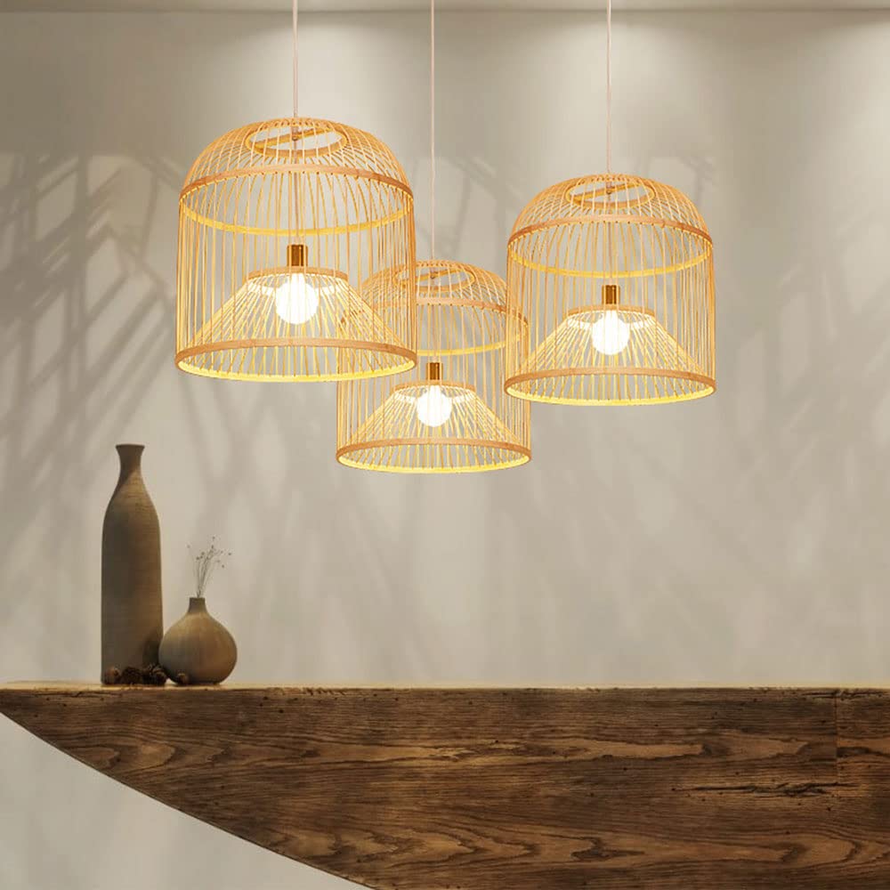 Handwoven Bamboo Pendant Light - Japanese Style Natural Lantern Chandelier with Wire Cage for Kitchen Island, Cafe, Bar & Restaurant | Industrial Lighting Fixture for Dining Room, Patio & Home Decor