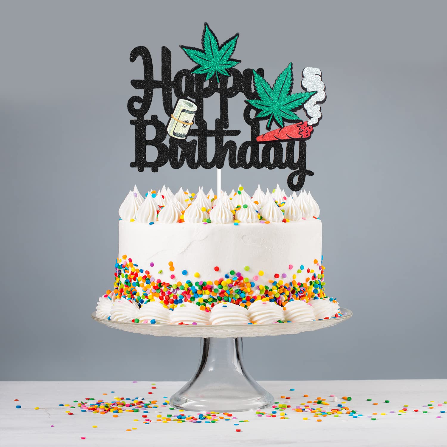 Money & Leaves Happy Birthday Cake Topper - Dollar Sign & Cannabis Leaf Party Decorations for Men - Birthday Cake Decor for Money-Themed Celebrations - Perfect for Stoner Parties & Financial Milestone Events