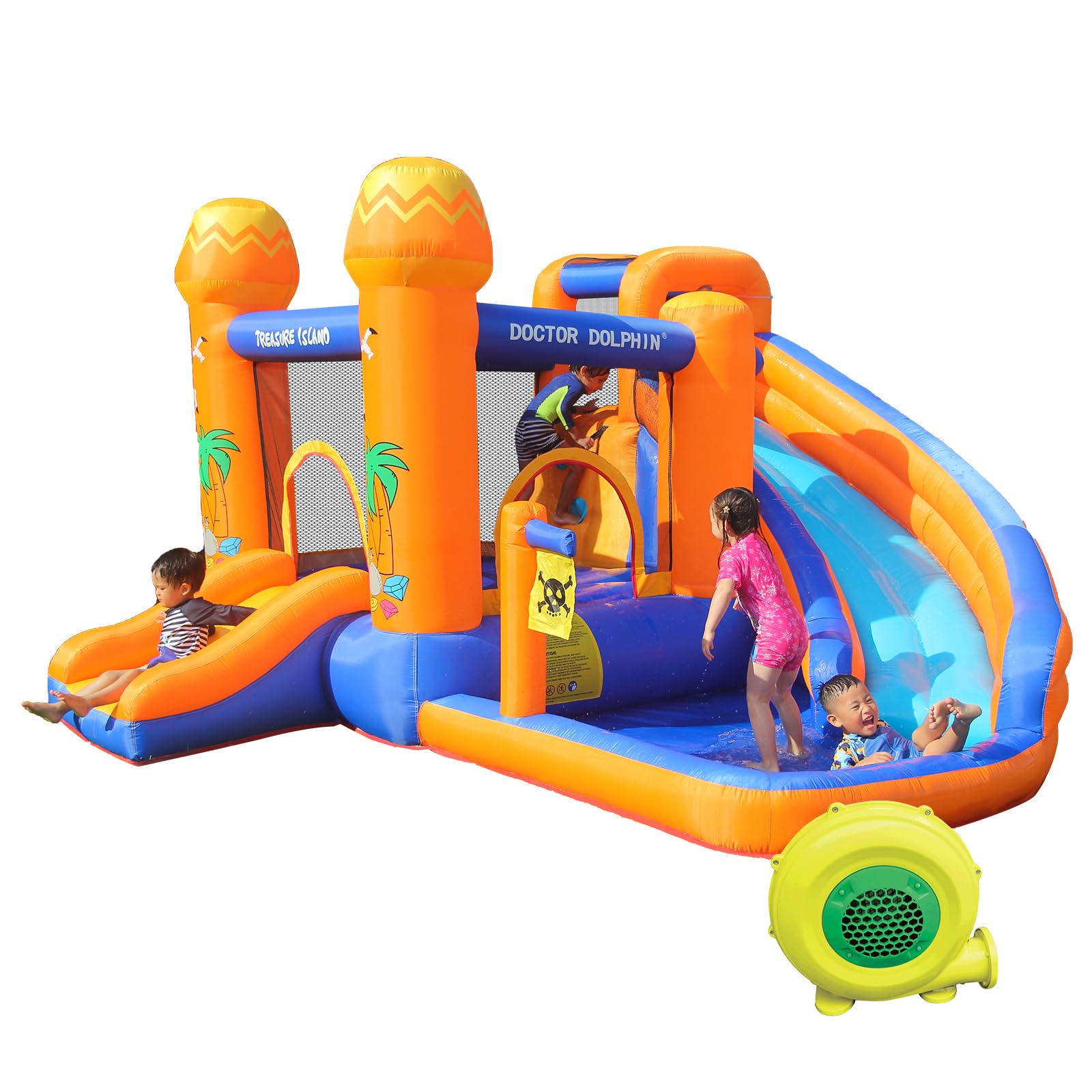 **Doctor Dolphin Inflatable Water Slide for Kids - Bounce House with Blower, Wet & Dry Bouncy Slide & Splash Pool - Outdoor Water Park for Backyard, Birthday Parties & Summer Fun**