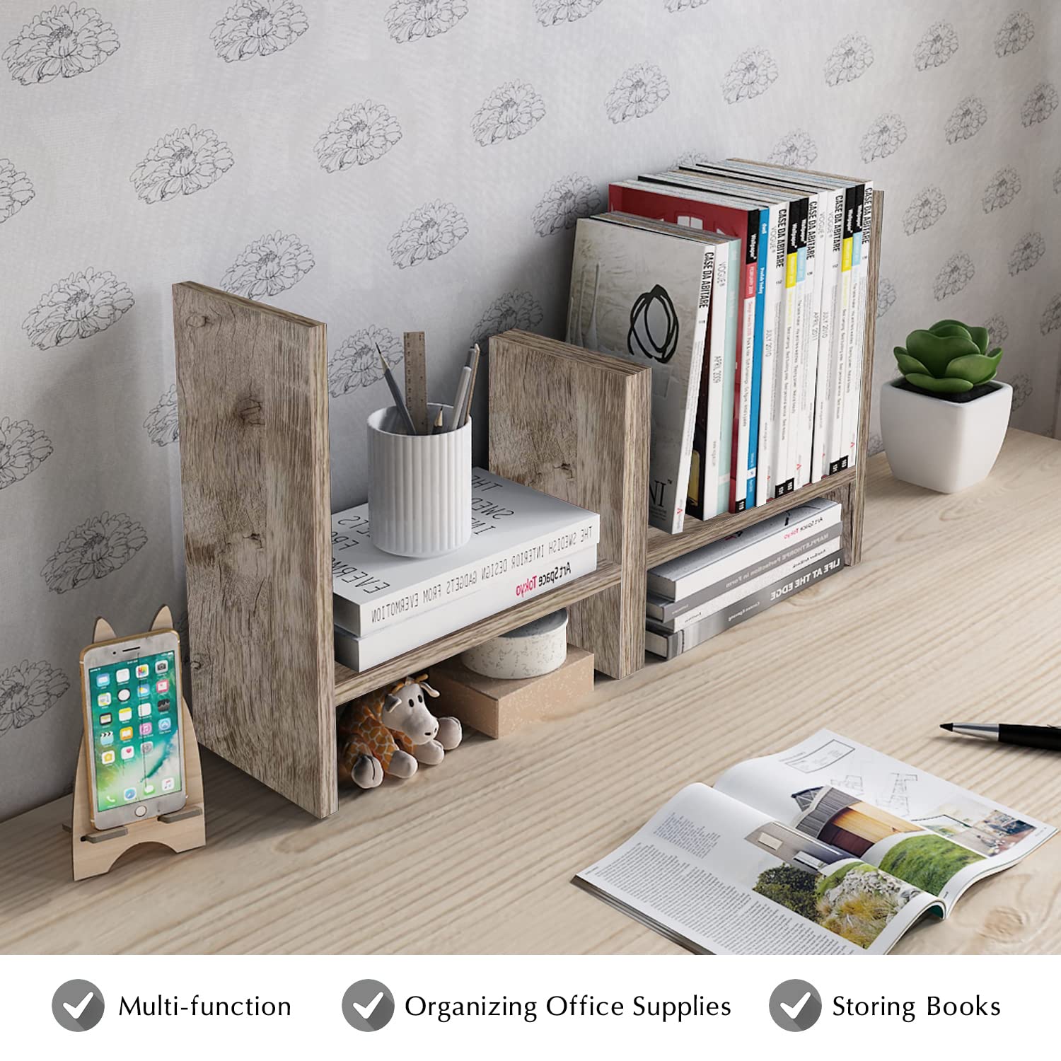 Adjustable Wood Desktop Organizer & Office Storage Rack - Double H Display Shelf in Gray Oak | Perfect for Home Office, Workspace Organization & Stylish Desk Decor