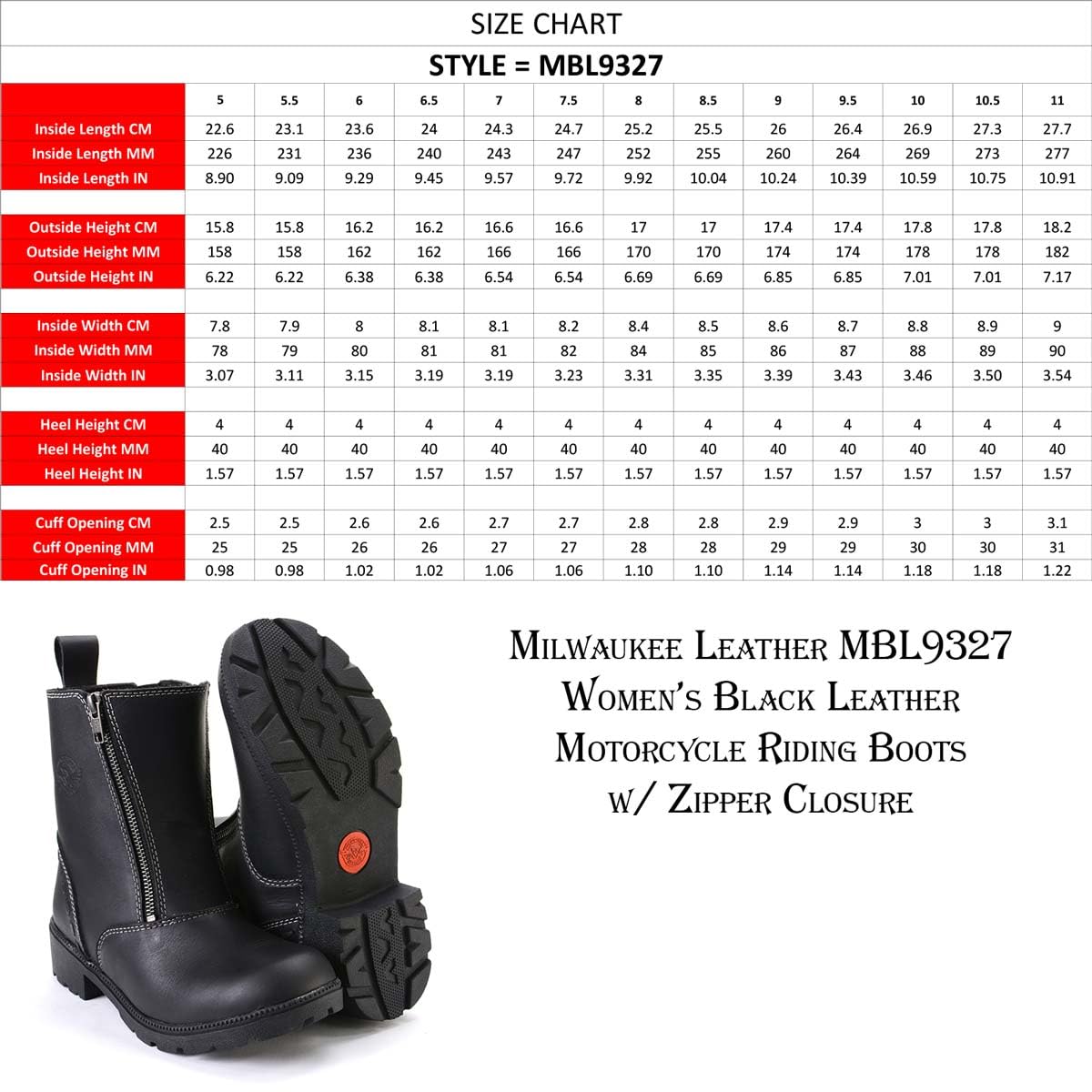 Milwaukee Leather MBL9327 Women's Black Leather Motorcycle Boots - Dual Zipper Closure, Comfortable & Durable Riding Footwear for Harley Davidson & Cruiser Bikes | Perfect for Long Rides & Motorcycle Events