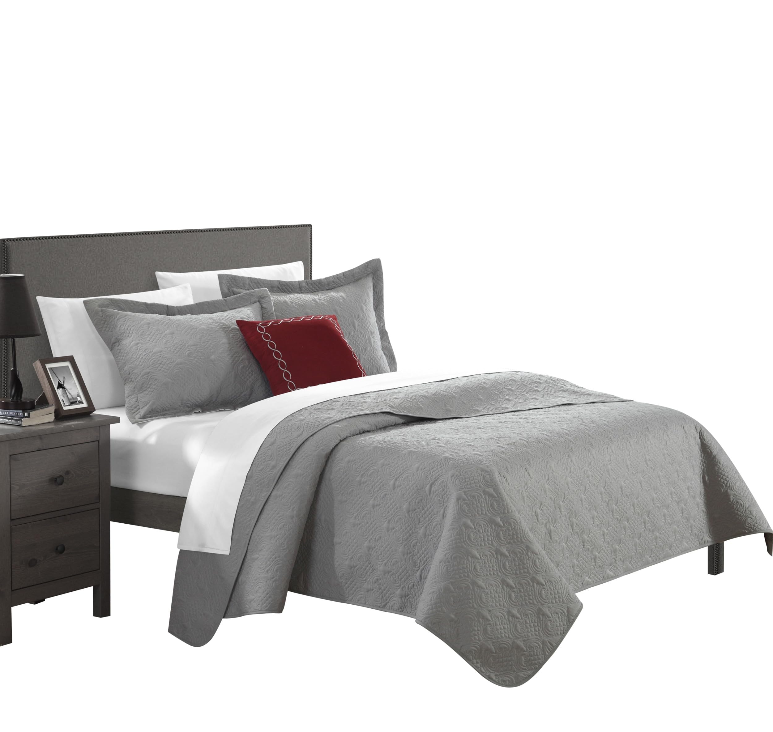Chic Home 3-Piece Barcelo Traditional Embroidery Quilt Set with Embroidered Decorative Pillow - Twin Size Grey Bedding for Cozy Bedroom Decor