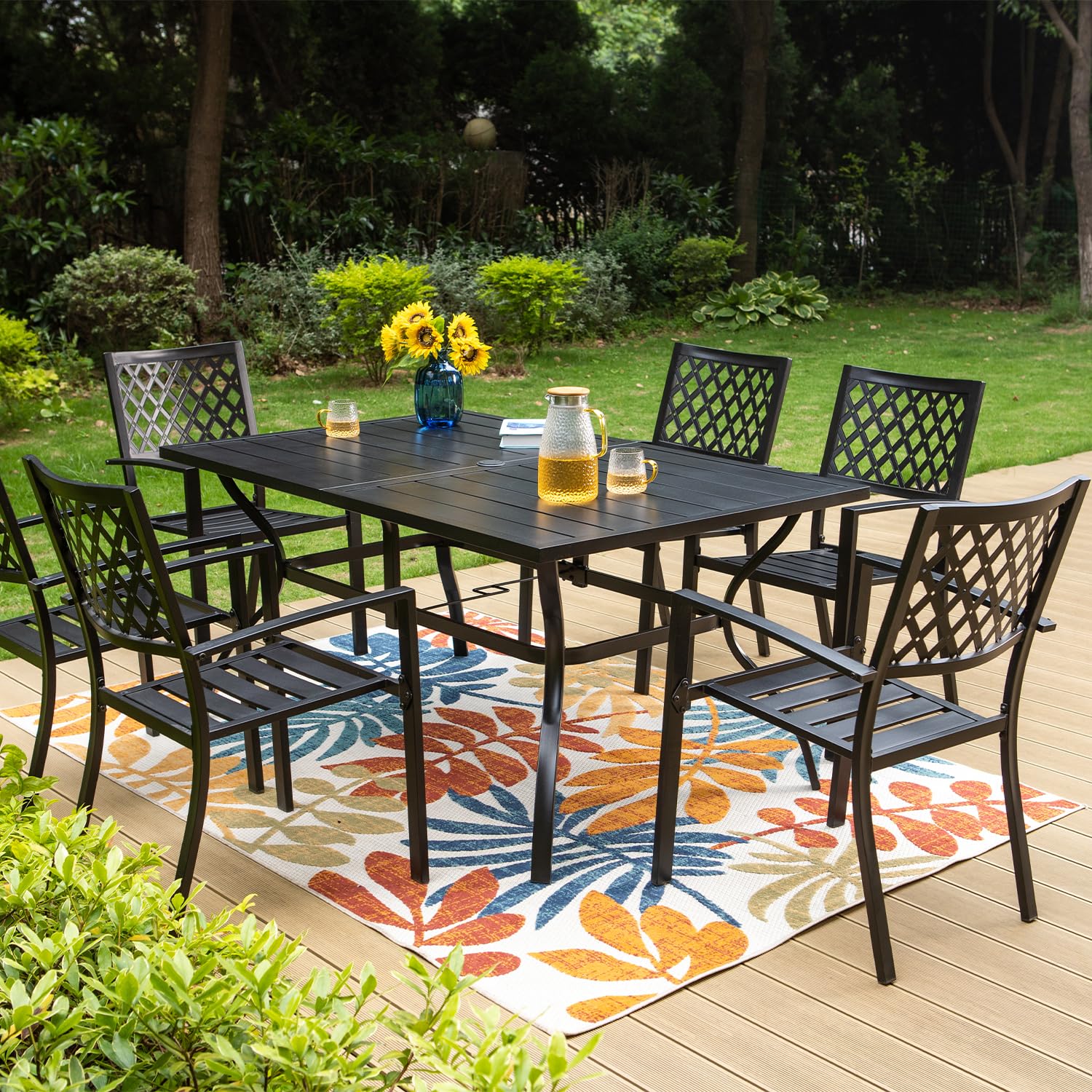 PHI VILLA 4-Piece Black Wrought Iron Outdoor Dining Chair Set - Stackable Patio Bistro Chairs with Armrests & Fishnet Pattern Design for Garden, Poolside, and Restaurant Outdoor Seating