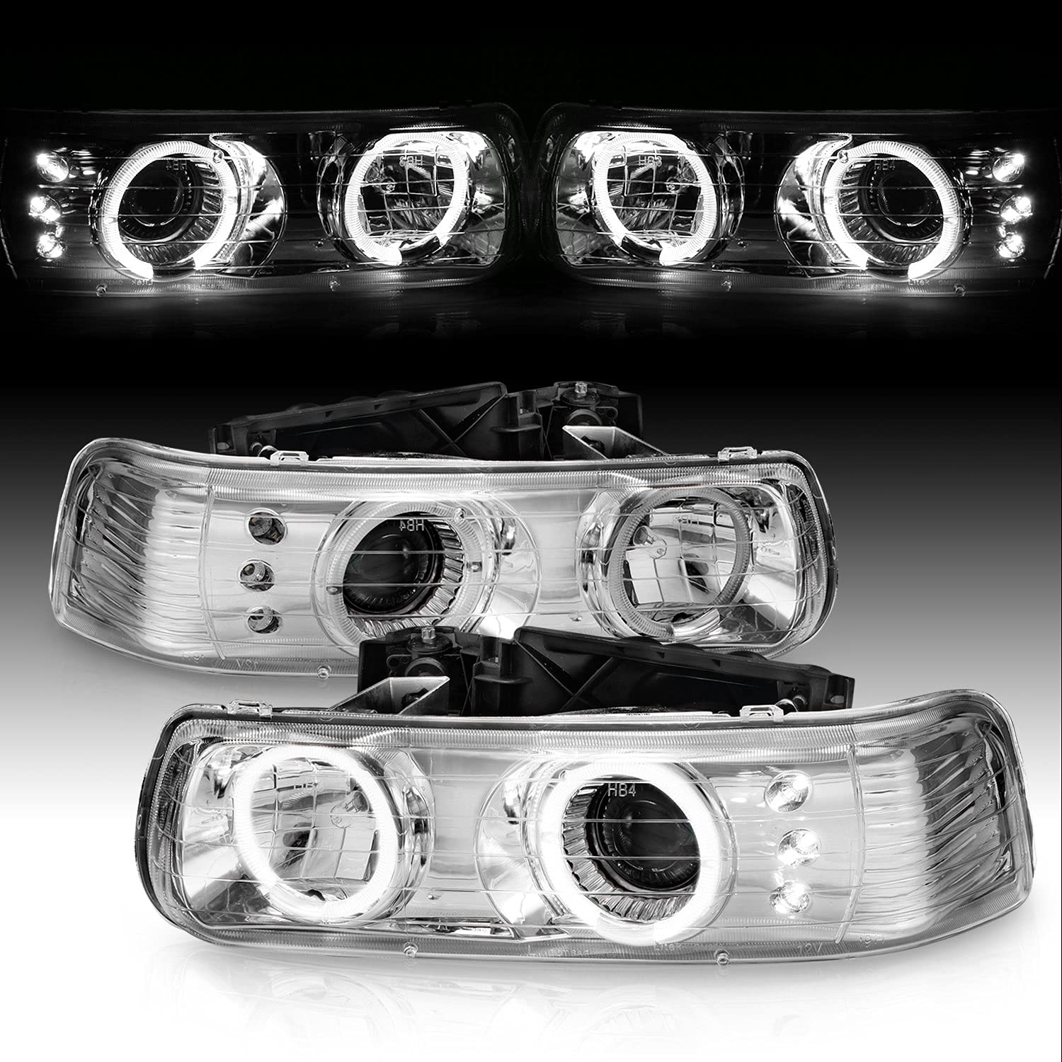 AmeriLite Chrome Projector Headlights with Halo for Chevy Silverado - Left & Right Side Pair - Upgrade Your Truck's Style & Night Visibility for Off-Roading & Daily Driving