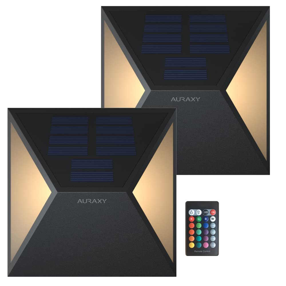 AURAXY LED Solar Fence Lights - IP68 Waterproof Outdoor Solar Lights with Remote Control, Warm White & Color Changing Modes - Perfect for Garden, Yard, Patio, Deck, Pathway, Wall, Step Lighting - Great for Christmas Decorations & Outdoor Parties (2 Pack)