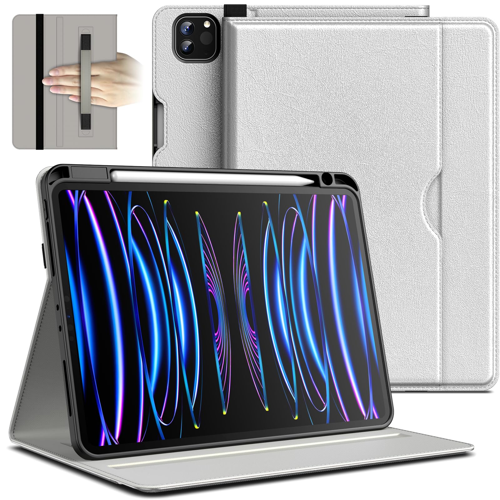 JETech iPad Pro 11-Inch Case (2020/2021/2022 Models 4th/3rd/2nd Gen) - Premium PU Leather Folio Cover with Hand Strap, Apple Pencil Holder, Storage Pocket & Multi-Angle Stand | Perfect for Work, Study & Travel (Silver)