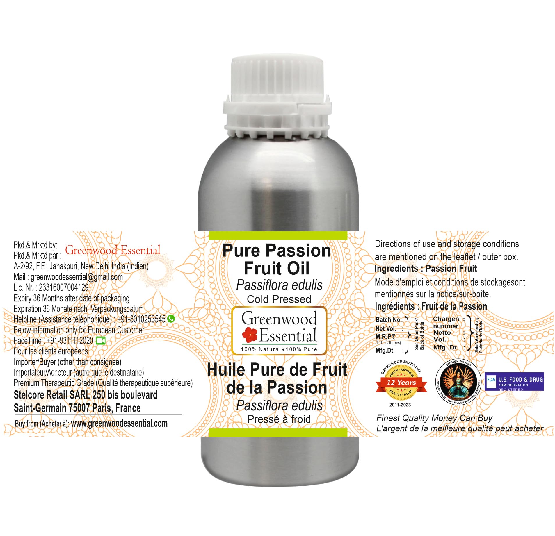 Organic Cold-Pressed Passion Fruit Oil (Passiflora edulis) - 100% Pure, 42oz (1250ml) - For Skin Care, Hair Growth & Aromatherapy