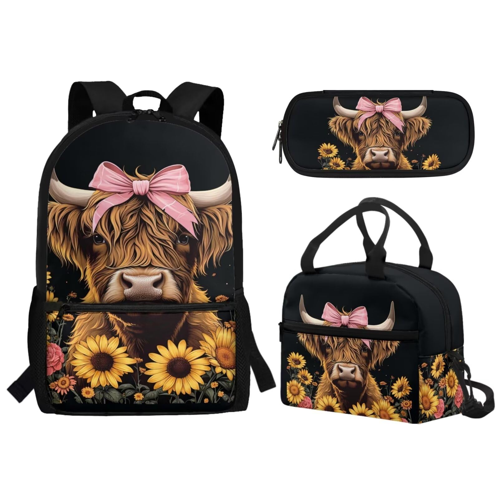 Highland Cow Backpack Set for School - 3 Piece Black Sunflower Bookbag with Lunch Box & Pencil Case | Cute Elementary to Middle School Backpack for Boys | Perfect for Classroom, Day Trips & Back to School Supplies