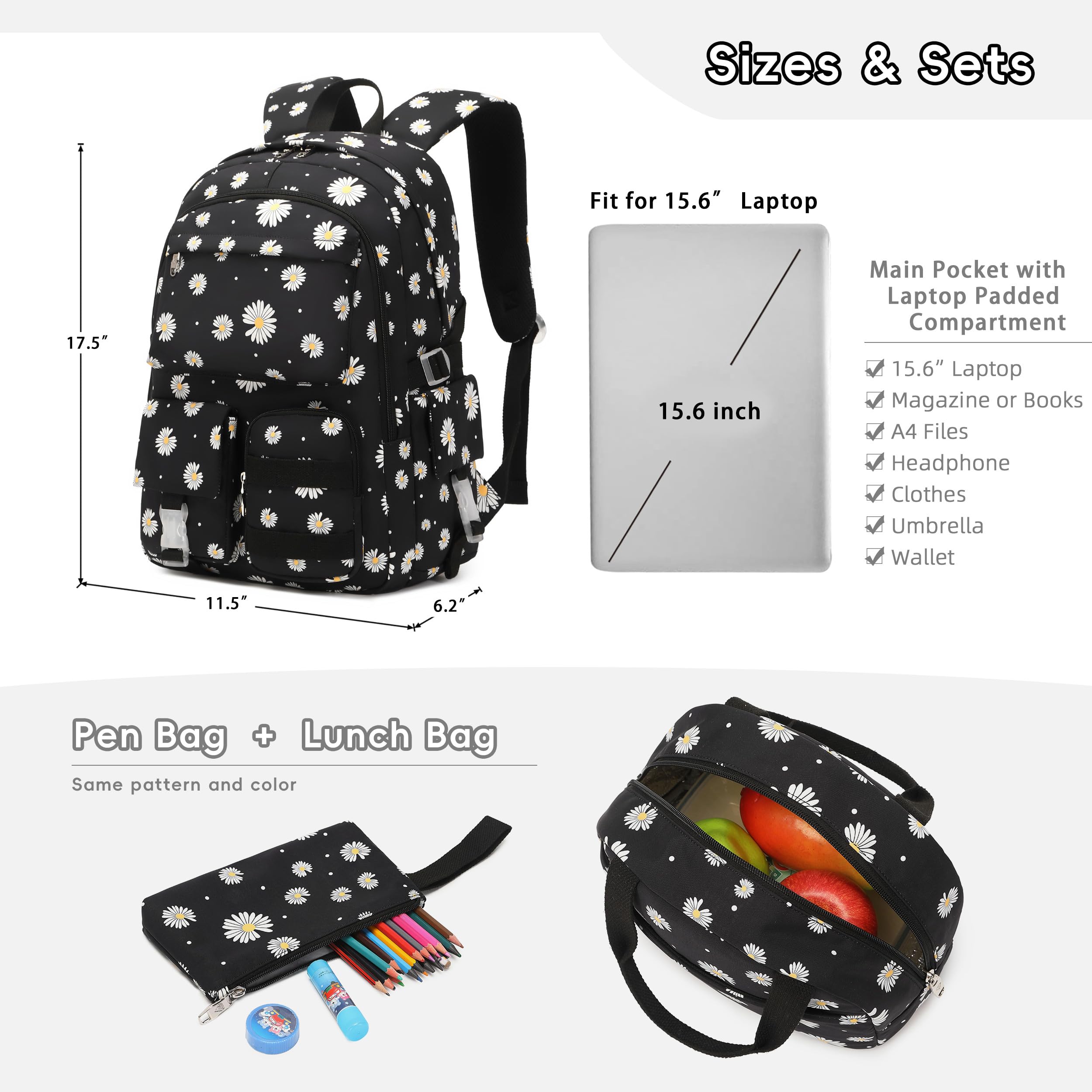 **Daisy Print School Backpack for Girls - Lightweight Bookbag with Lunch Box Set - Perfect for Teen Girls, School, Travel & Daily Use**