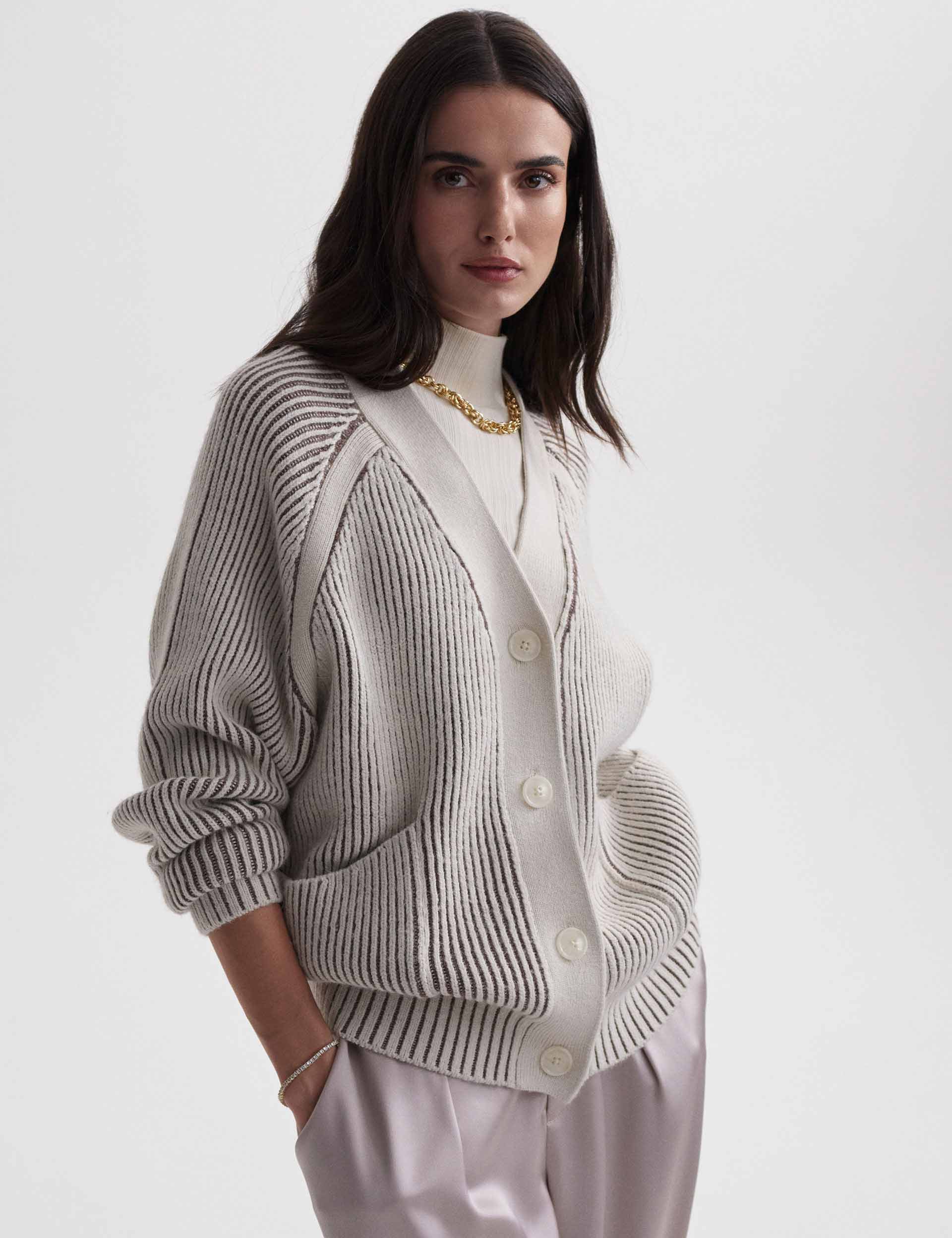 Elegant Jude Plated Cardigan in Birch - Perfect for Casual Outings and Office Wear