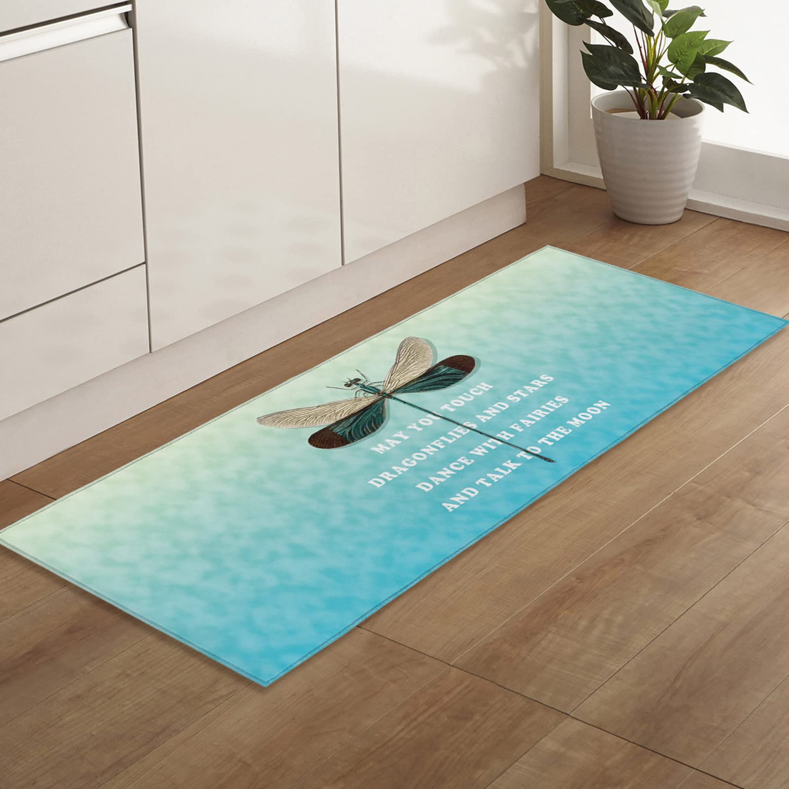 Soft Plush Non-Slip Bathroom Rug - Absorbent Shaggy Floor Mat with Dragonfly & Poetry Design, Fluffy Doormat for Bedroom, Living Room, Indoor Use (16x47 Inch) - Perfect for Bathrooms, Entryways & Cozy Home Decor