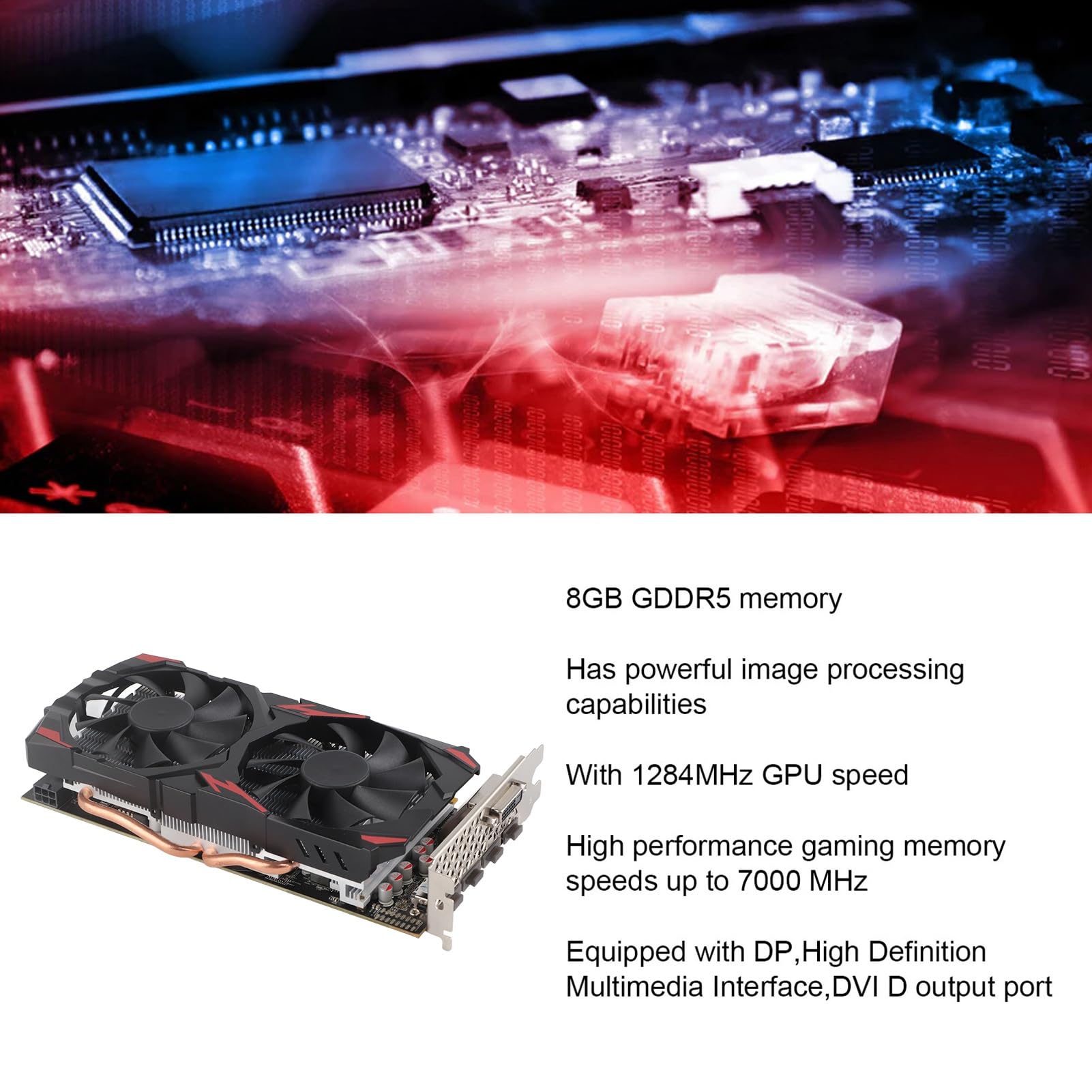 RX580 8GB GDDR5 256-bit Gaming Graphics Card with Dual Cooling Fans - 2048 Stream Processors, 1284MHz Core Clock, 7000MHz Memory Speed - Ideal for PC Gaming, Video Editing & Cryptocurrency Mining (Includes 3x DisplayPort & DVI Outputs)