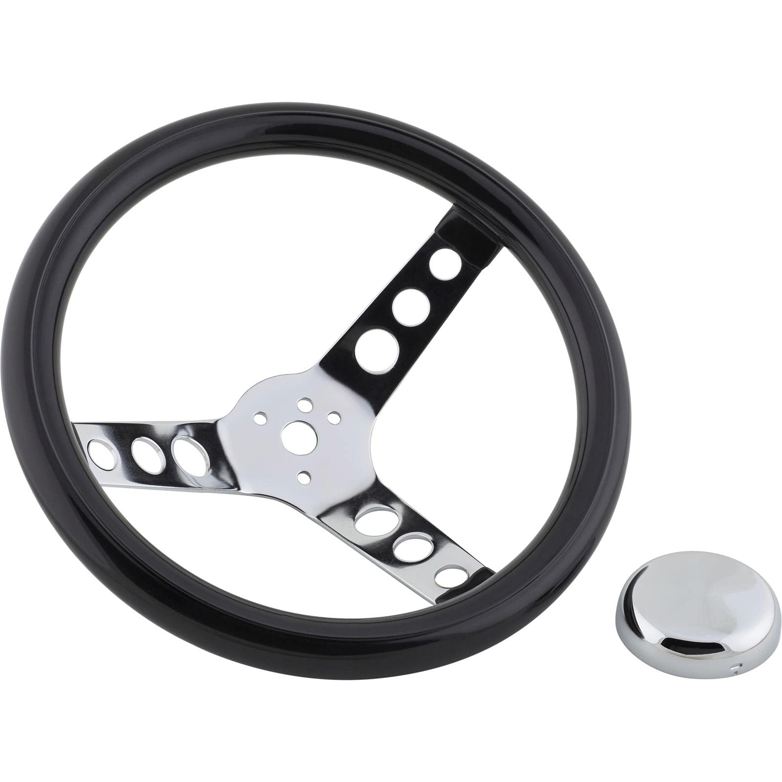 Speedway Classic 12 Inch Black Steering Wheel - Smooth Cushion Grip, Chrome Spokes & Cap, 3-Bolt Mount | Durable Steel Construction | Compatible with Horn Button Retainer | Perfect for Vintage Cars, Hot Rods & Racing Vehicles