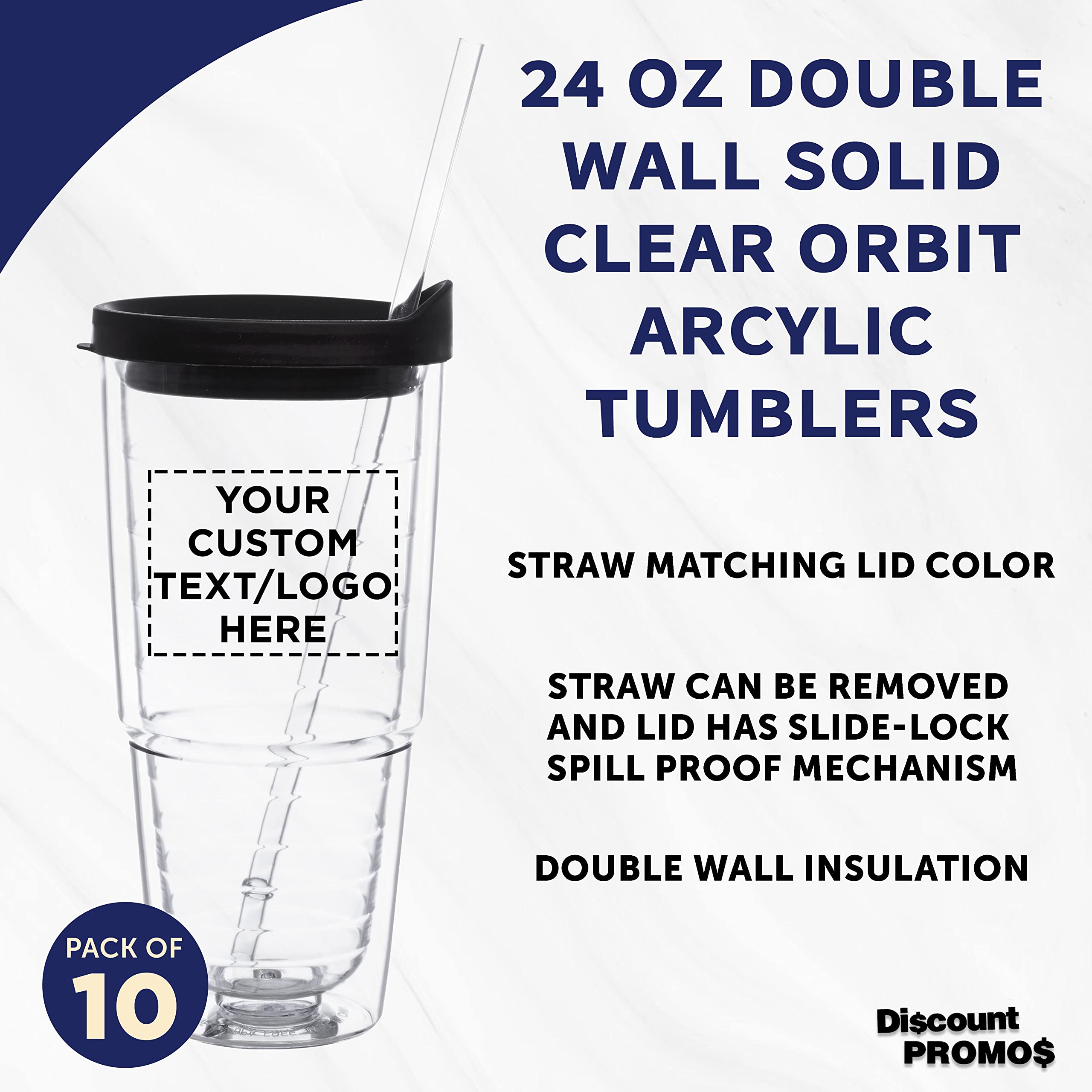 Custom 24 oz Double Wall Acrylic Tumblers with Straw - Set of 10 Personalized Drinkware for Hot & Cold Beverages - Bulk Pack Promotional Items - Perfect for Restaurants, Cafes, Events and Corporate Gifts - Black