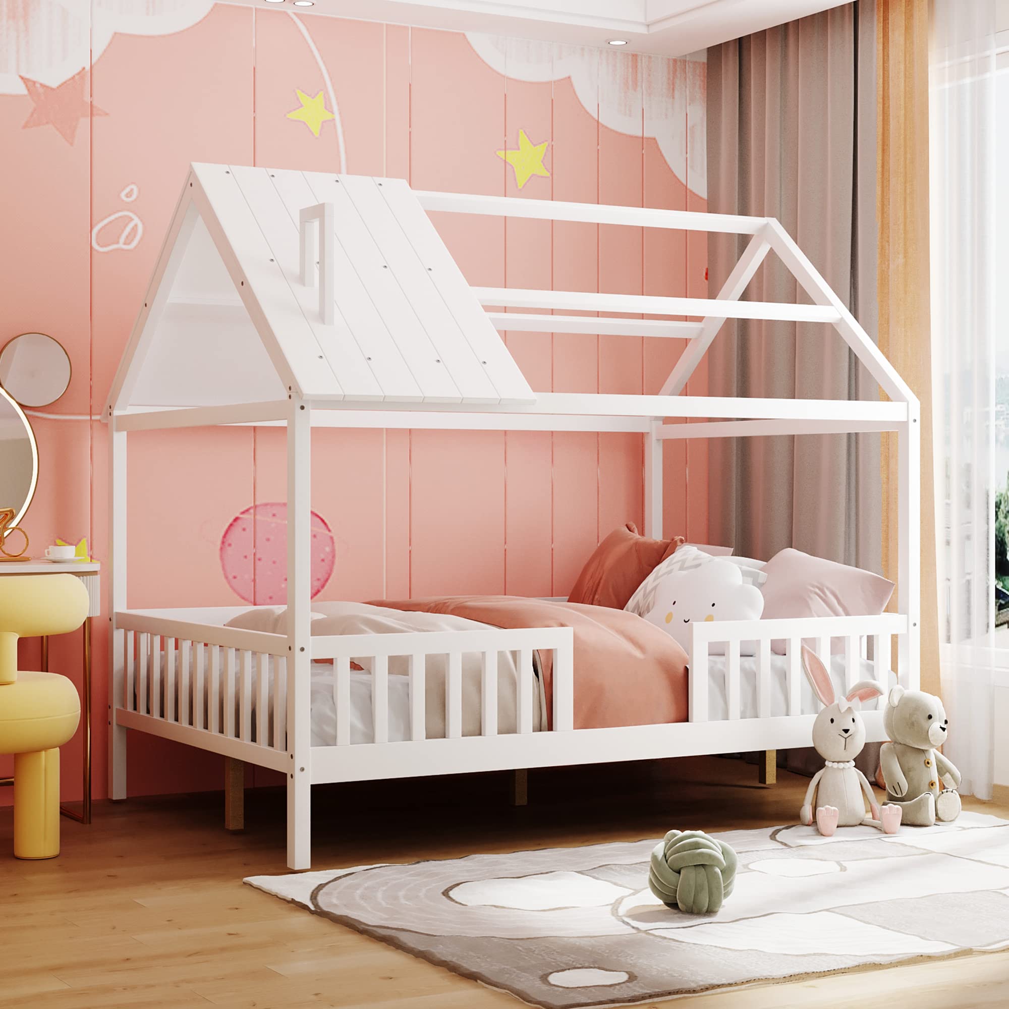 MERITLINE Full Size Montessori Playhouse Bed for Kids, Teens & Adults - Solid Wood Platform Bed Frame with Safety Fence & Roof - White Kids Bedroom Furniture for Playtime & Sleep