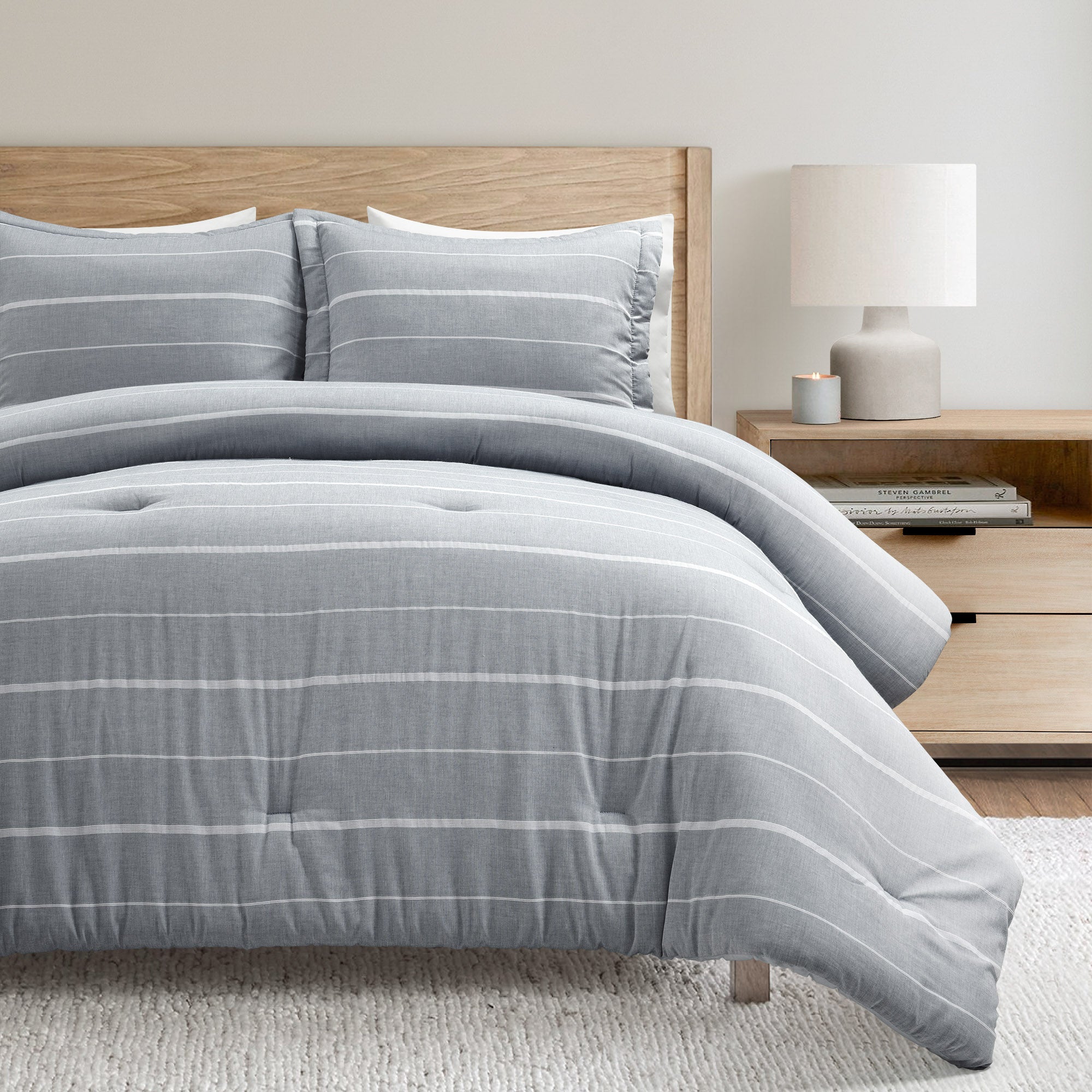 Classic Farmhouse Chalk Stripe 3-Piece Comforter Set - Queen/King Size Bedding with Matching Pillow Shams - Perfect for Rustic, Vintage & Farmhouse Style Bedrooms