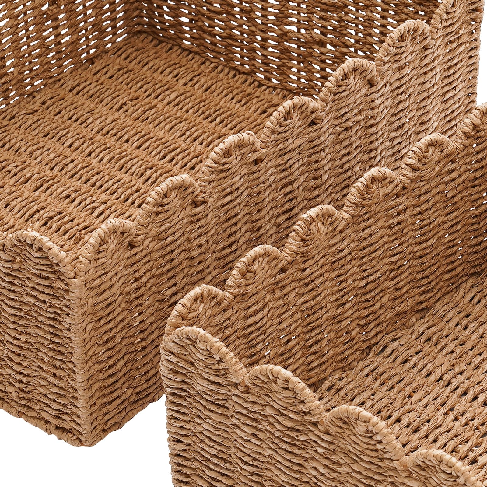 3-Piece Woven Rattan Storage Baskets Set with Lids - Scalloped Edge Home Decor Organizer (4.33/5.12/6.1 Inch Height) - Perfect for Bathroom, Bedroom & Nursery Storage