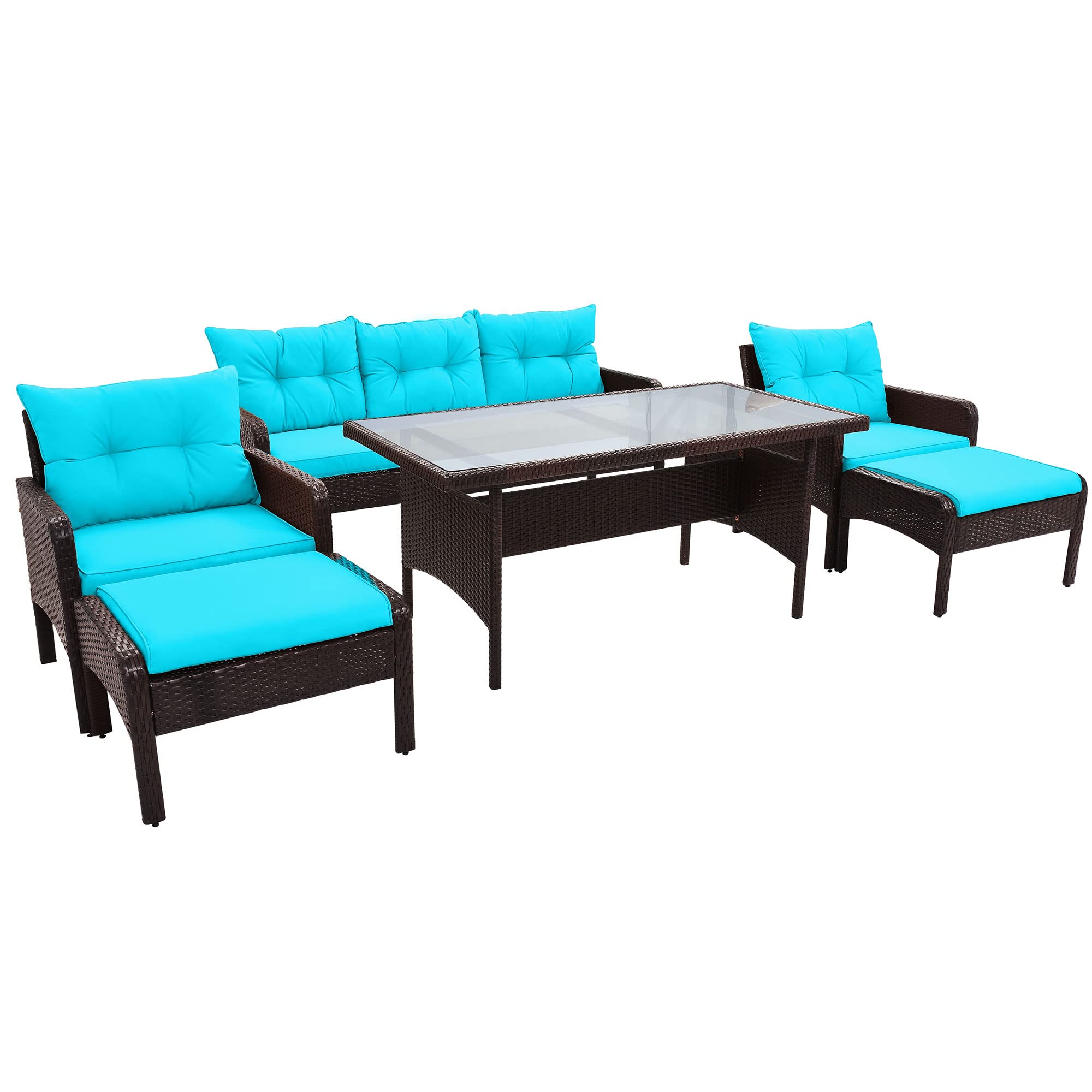Merax 6-Piece Outdoor Patio Dining Set - PE Wicker Rattan Sofa Set with Cushions & Tempered Glass Coffee Table - Brown & Blue - Perfect for Backyard, Garden, Poolside & Outdoor Entertaining