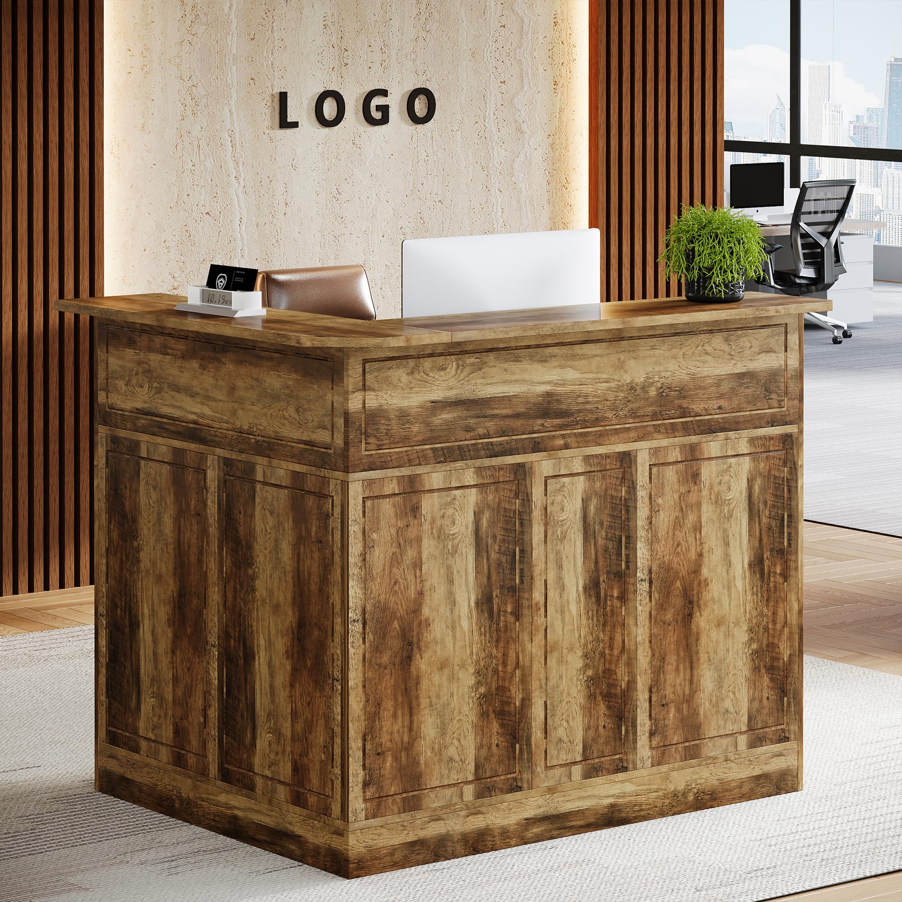Tribesigns L-Shaped Reception Desk with Storage Shelves - Modern Office Front Counter for Small Business, Salon, Hotel & Retail Checkout (Brown) - Perfect for Space-Saving Workstations & Professional Client Greetings
