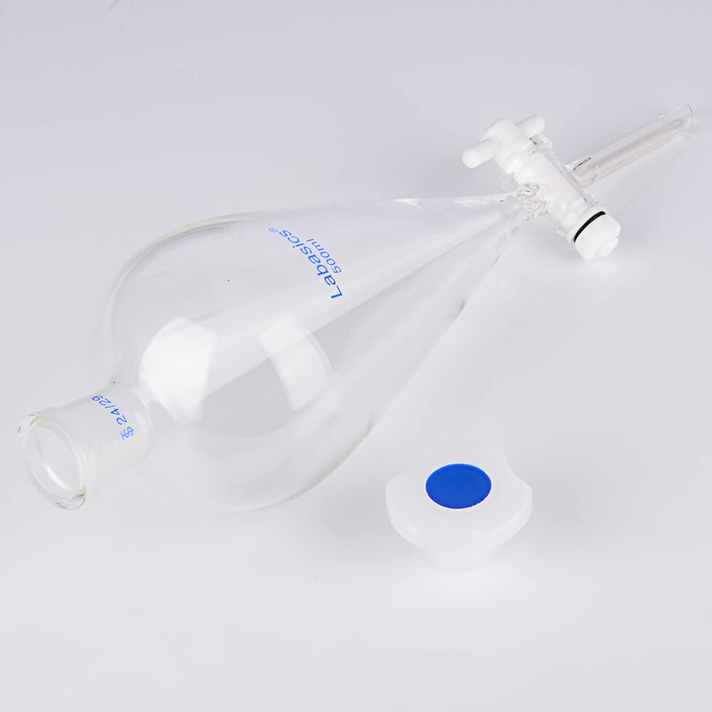 Labasics 500ml Heavy Wall Borosilicate Glass Conical Separatory Funnel with 24/29 Joints & PTFE Stopcock - Ideal for Chemistry Labs, Liquid Extraction, and Scientific Experiments