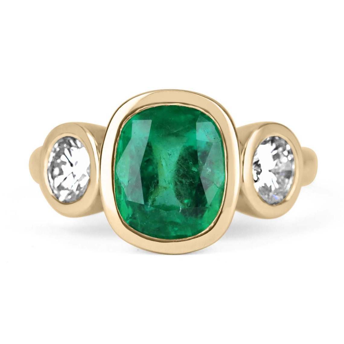 4.02 Carat Total Weight (CTW) 18K Gold Three Stone Cushion Cut Emerald and Diamond Engagement Ring for Women - Perfect for Proposals, Anniversaries & Special Occasions