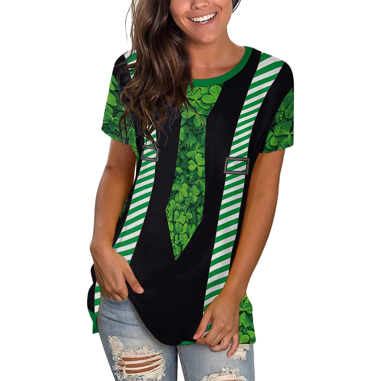 St. Patrick's Day Women's Floral Print V-Neck Short Sleeve T-Shirt - Summer Rolled Sleeve Casual Top for Party, Pub & Irish Festival Outfits