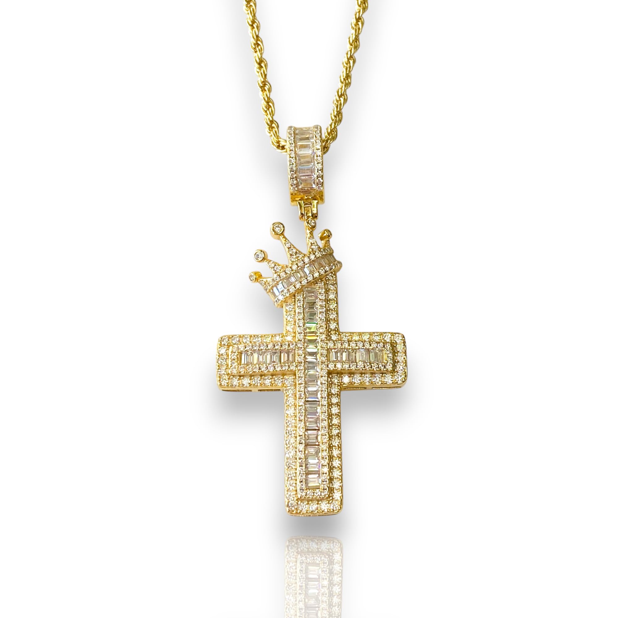 925 Sterling Silver Iced Out Pendant Necklace for Men & Women - Italian White Gold Finish Stainless Steel Rope Chain (16