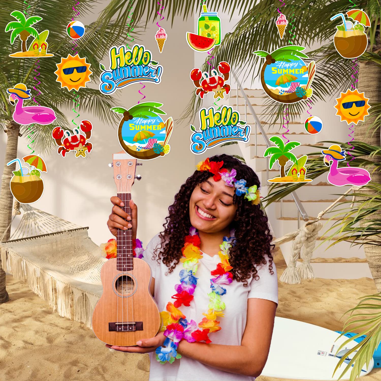 40 Pcs Summer Party Decorations - No-DIY Hanging Streamers & Glitter Foil Ceiling Swirls for Summer Parties, Beach Events, and Outdoor Celebrations